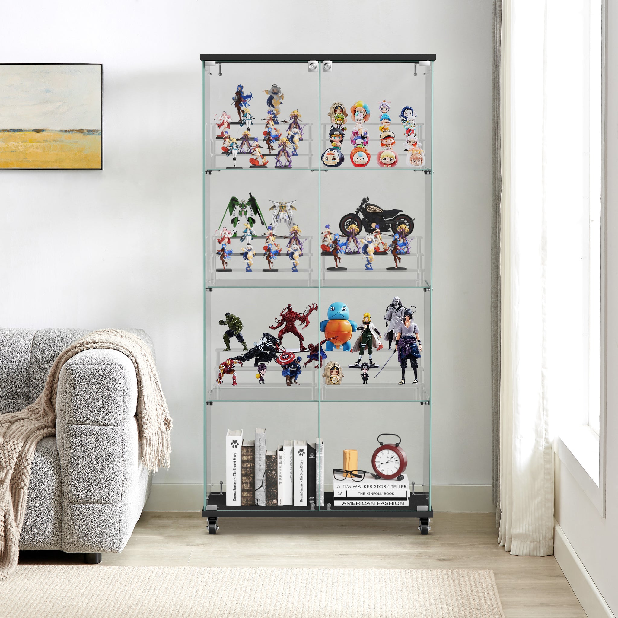 4 Tier Glass Display Cabinet, Double Door Glass Cabinet With Two Locks, Floor Standing Storage Cabinet With 6 Acrylic Shelves For Living Room, Bedroom And Office, Black, 31.5"L X 14.2"W X 65.1"H