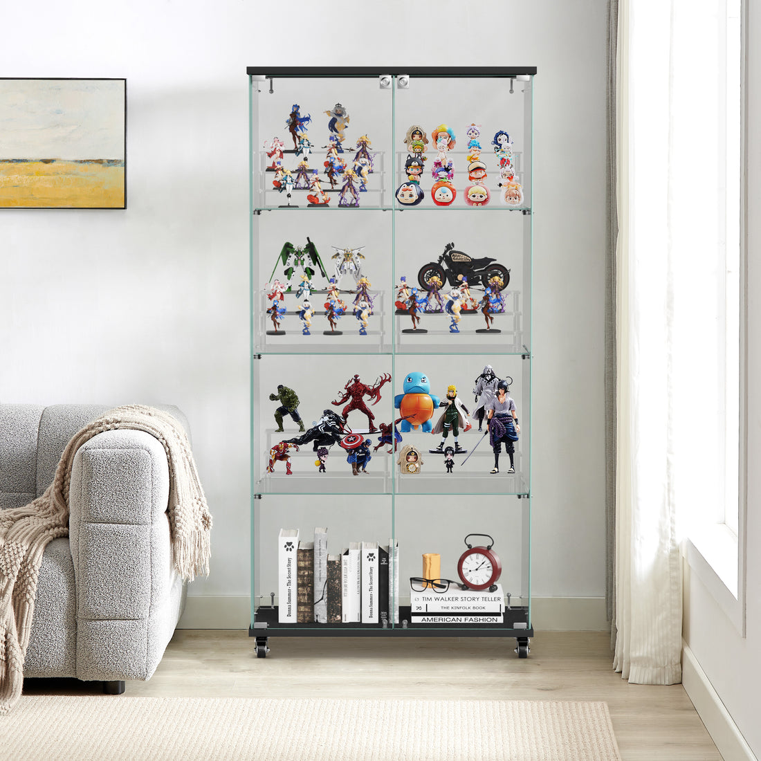 4 Tier Glass Display Cabinet, Double Door Glass Cabinet With Two Locks, Floor Standing Storage Cabinet With 6 Acrylic Shelves For Living Room, Bedroom And Office, Black, 31.5"L X 14.2"W X 65.1"H