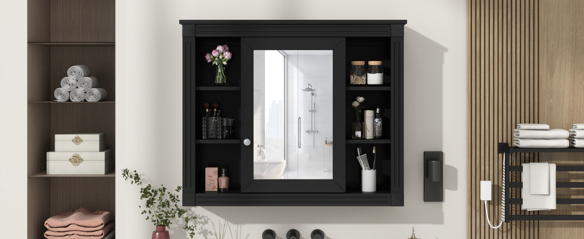 35'' X 28'' Wall Mounted Bathroom Storage Cabinet, Medicine Cabinet, Modern Bathroom Wall Cabinet With Mirror, Mirror Cabinet With 6 Open Shelves Not Include Bathroom Vanity Black 1 Mirror Included