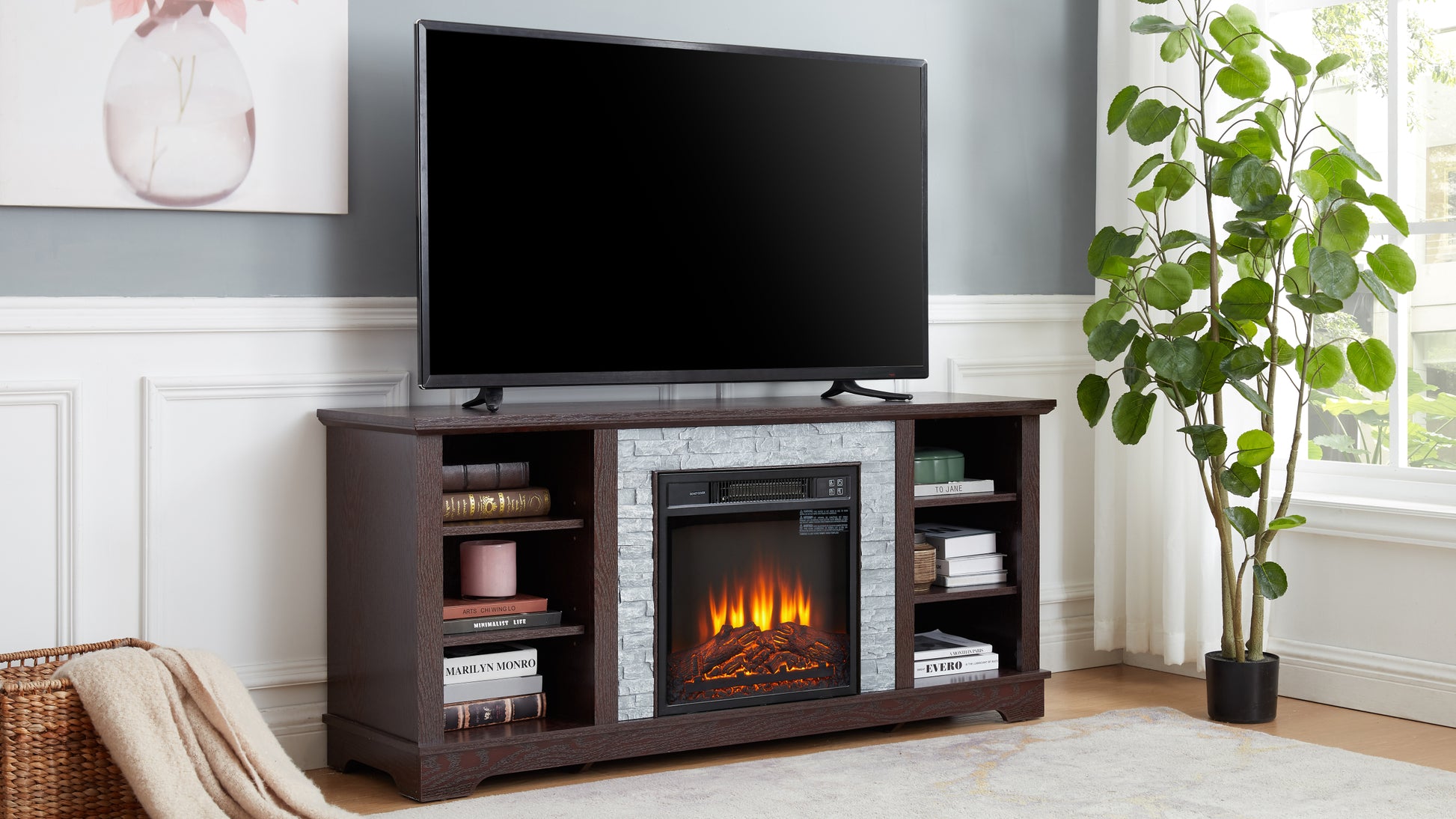 Faux Stacked Stone Tv Media Stand With Open Storage Modern Entertainment Console Space With 18" Fireplace Insert, Cherry, 58.31"W*15.39"D*26.06"H Cherry 60 69 Inches Mdf