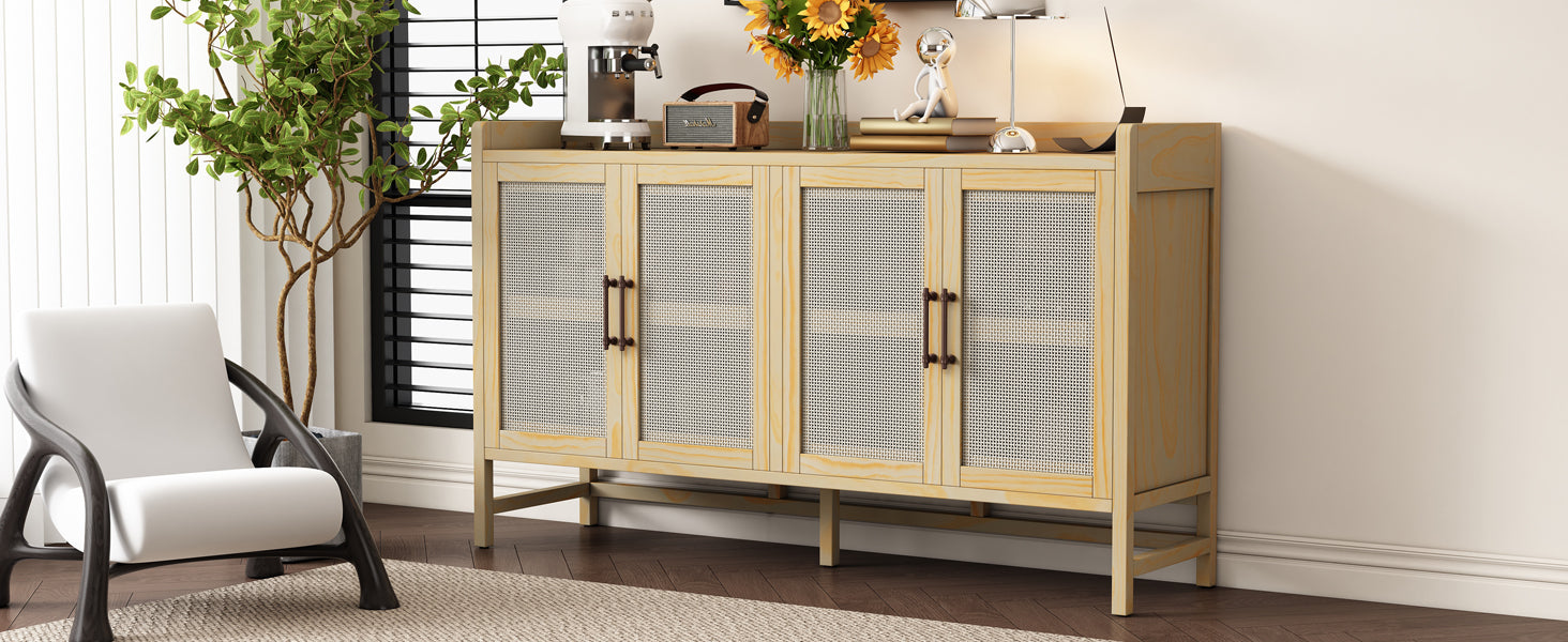 Sideboard Rustic Buffet Cabinet, Sideboard Cabinet With Decorative Rattan Doors, Buffet Cabinet With Storage For Entryway Dining Room Kitchen Living Room, Natural Natural Mdf