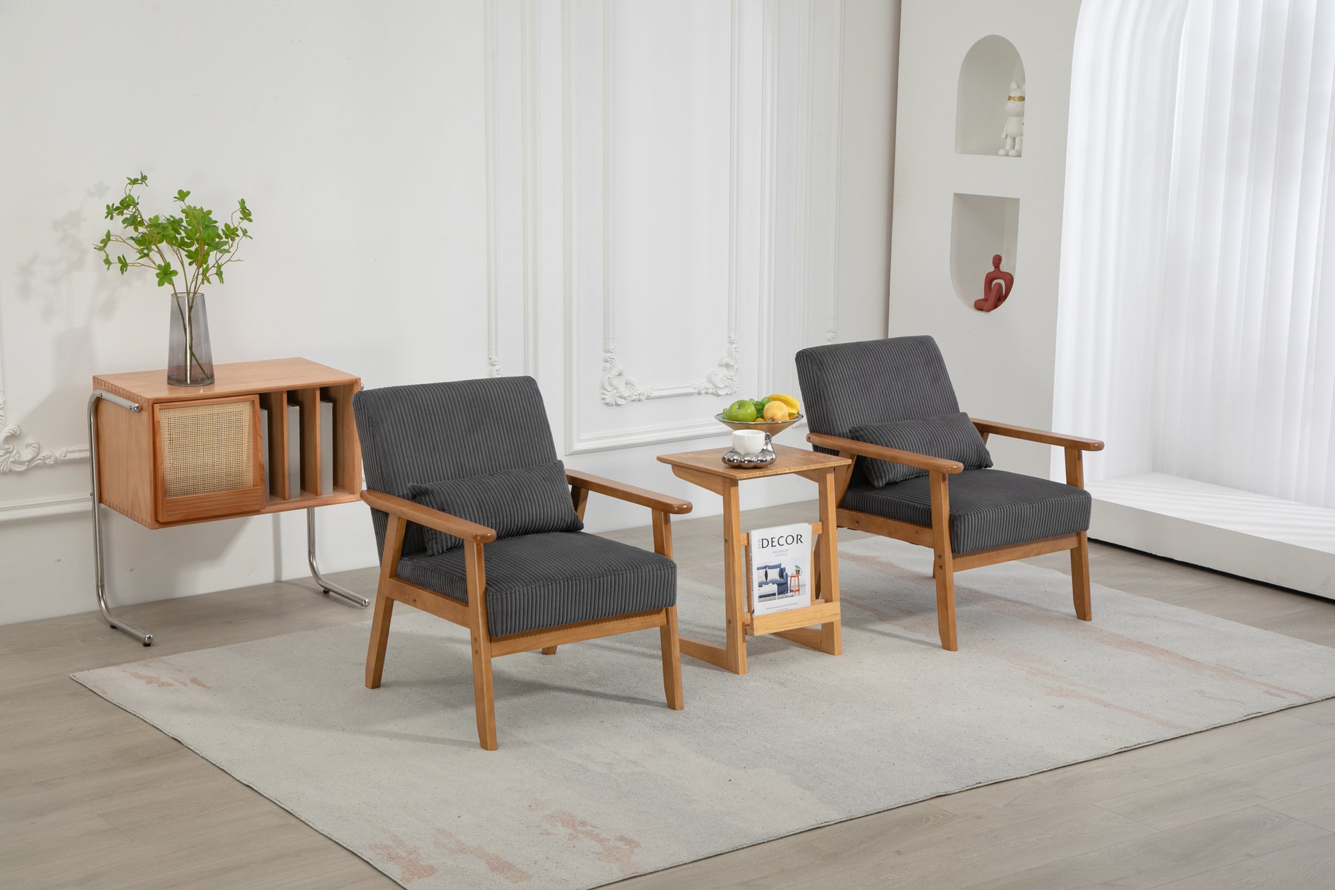 Leisure Chair With Solid Wood Armrest And Feet, Leisure Chair, Wood Frame, Velvet, L, Solid Rubber Wood Legs, Mid Century Modern Accent Chair, For Living Room Bedroom Studio Chair,Two Packs Dark Gray Corduroy