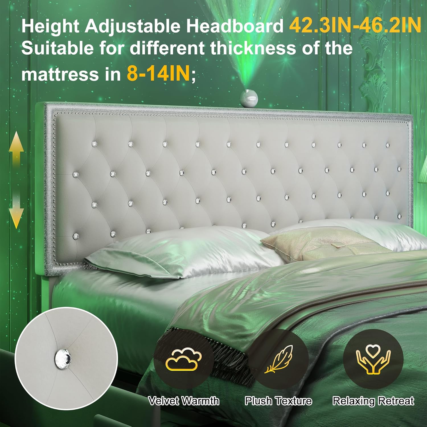 Queen Size Bed Frame With 4 Drawers, Star Galaxy Projector, Usb Charger, Music Speaker, Adjustable Upholstered Headboard With Diamond Button,Velvet Cream Mdf Metal