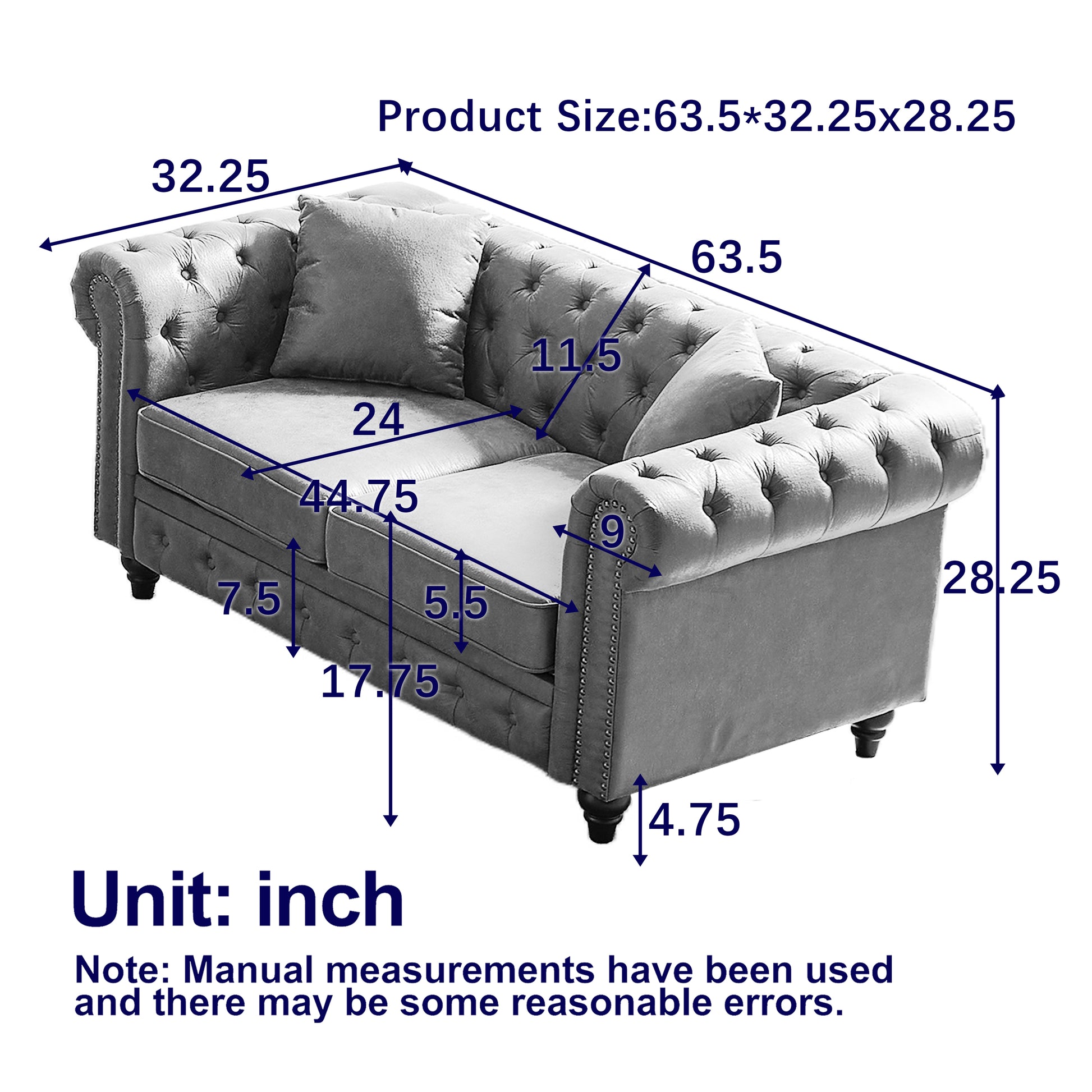 Fx 63.5" Contemporary Design Chesterfield Sofa, Tech Fabric Button Design Living Room Sectional, Button Tufted With Nail Design Arms With 2 Pillows, Upholstered Upholstery And Wooden Legs Grey Wood Primary Living Space Pine Foam Fabric 3 Seat