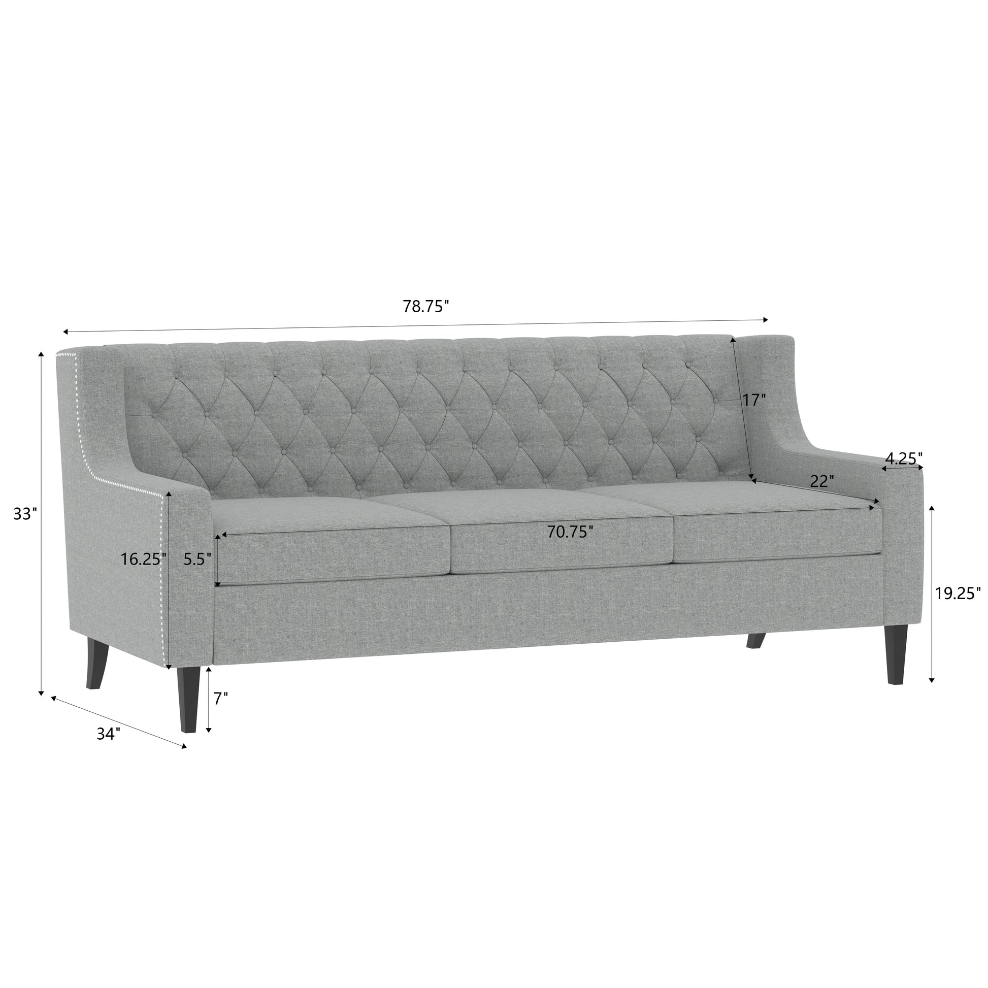 78.75'' 3 Seater Sofa, Button Tufted Backrest With Comfy Cushion, Mid Century Modern Couches For Living Room, Upholstered Comfy Sofa Couch For Bedroom, Apartment Grey Polyester 3 Seat
