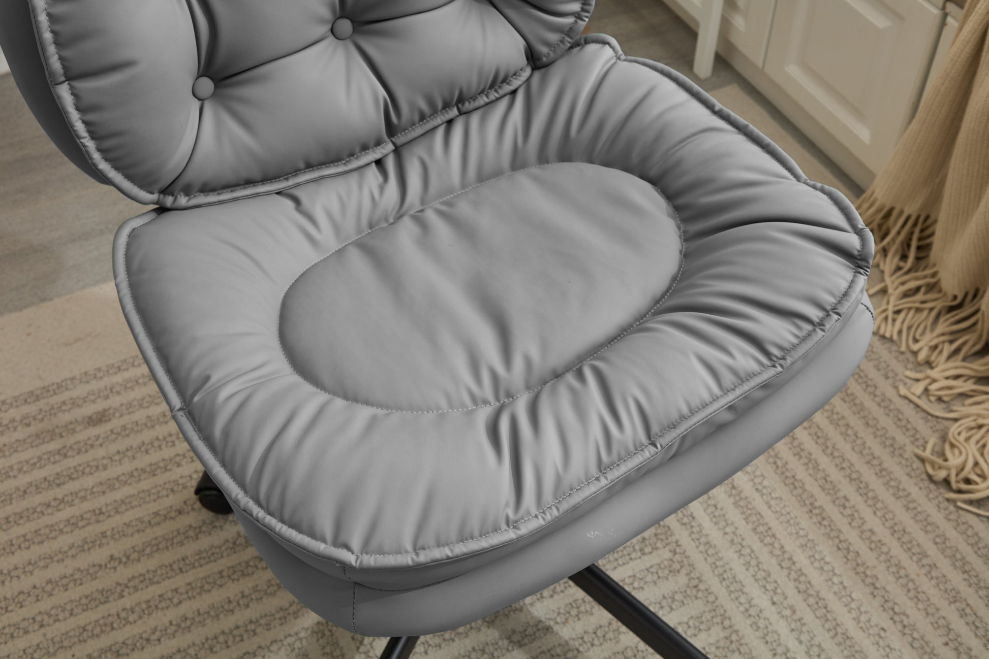 Armless Office Desk Chair With Wheels: Pu Leather Cross Legged Wide Chair,Comfortable Adjustable Swivel Computer Task Chairs For Home,Office,Make Up,Small Space,Bed Room Smoke Grey Antique Fiber Foam And Polyester Fiber Pad Pvc