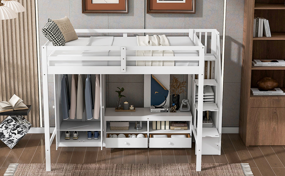 Full Size Loft Bed Frame With Wardrobe,Low Storage Table And Storage Staircase,White Gray White Solid Wood Mdf