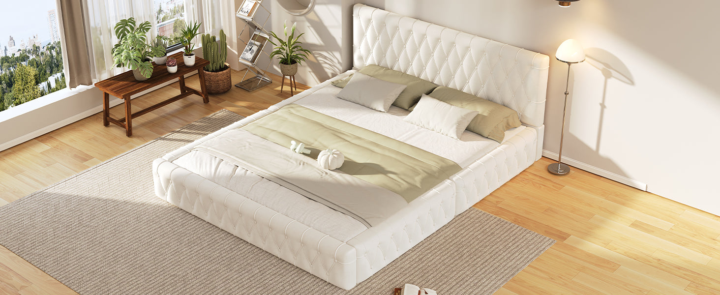 Queen Size Upholstered Bed With Tufted Headboard, Modern Velvet Platform Bedno Box Spring Required, White Queen White Solid Wood Mdf