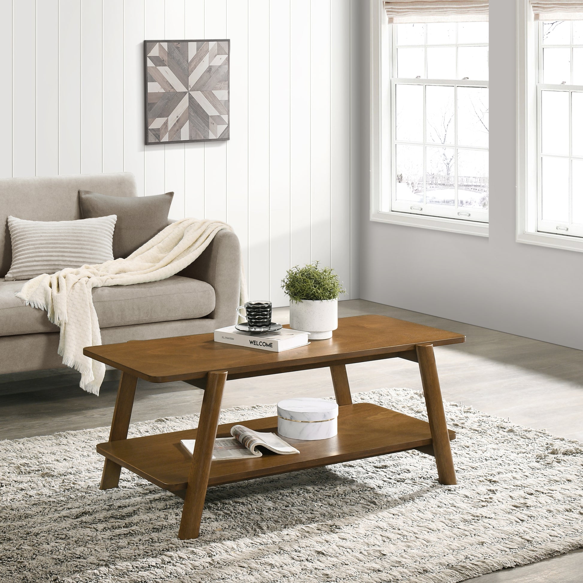 Metz Mid Century Modern Wood Shelf Coffee Table, Walnut Finish Walnut Brown Primary Living Space Mid Century Modern Rubberwood Shelves Coffee & End Tables Rectangular Rubberwood Mdf
