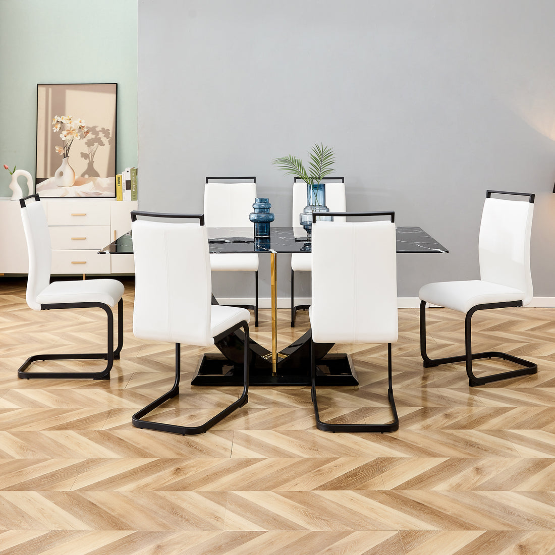 Table And Chair Set, Modern Dining Table, Patterned Table Top And Black Mdf Table Legs, Soft And Comfortable Dining Chair, Perfect For Dinner, Meetings, Home And Office Decor White Black Mdf Glass