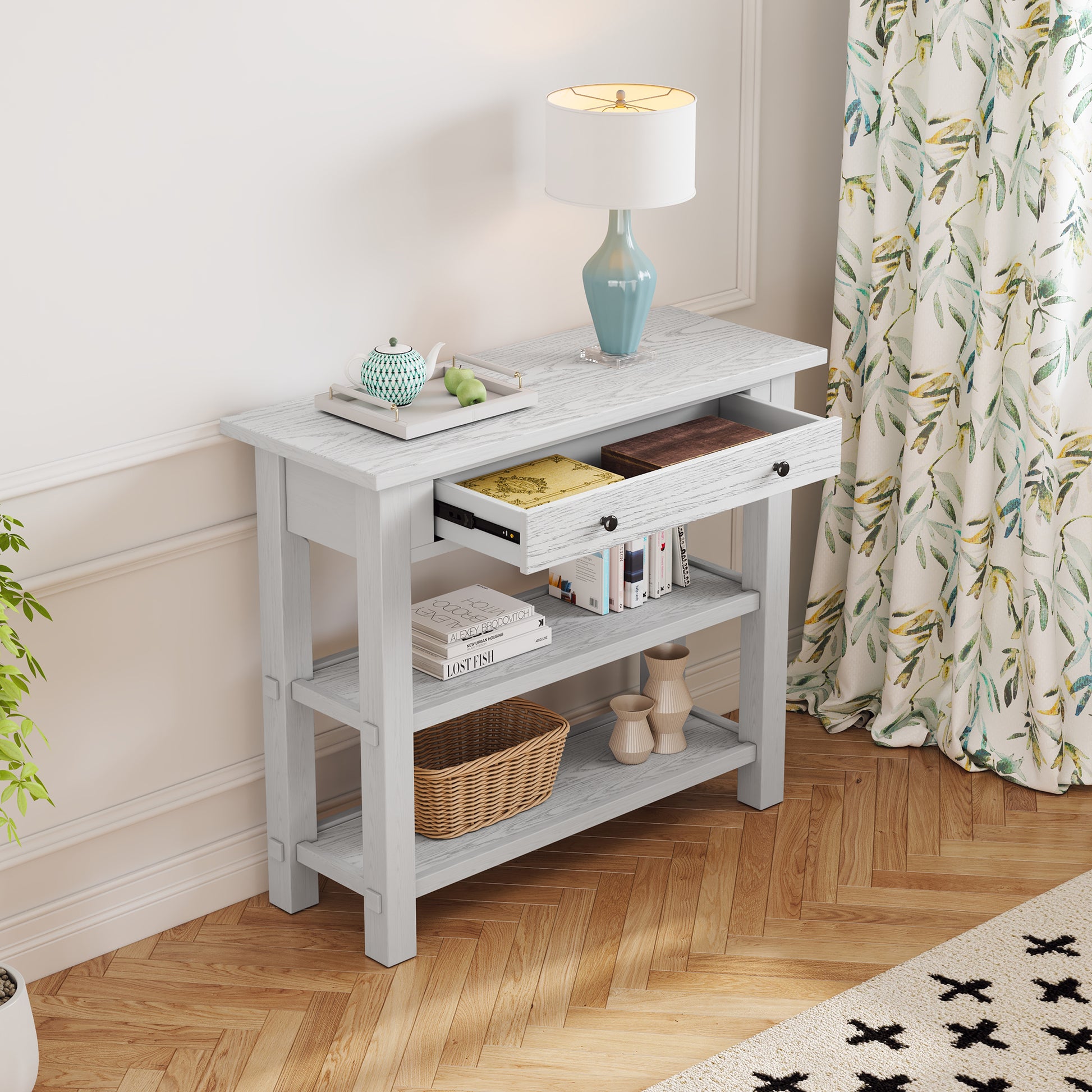 Retro Console Table With Drawer And Two Sturdy Shelves For Entryway, Living Room Antique White Antique White Mdf,Rubber Wood