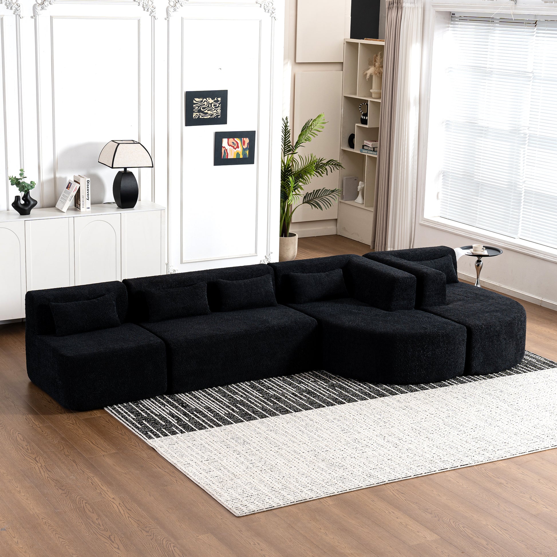 143.7" Upholstered Sofa Free Combined Sofa Couch With Two Chaise Lounge And Five Back Pillows For Living Room, Black Black Foam Polyester 5 Seat