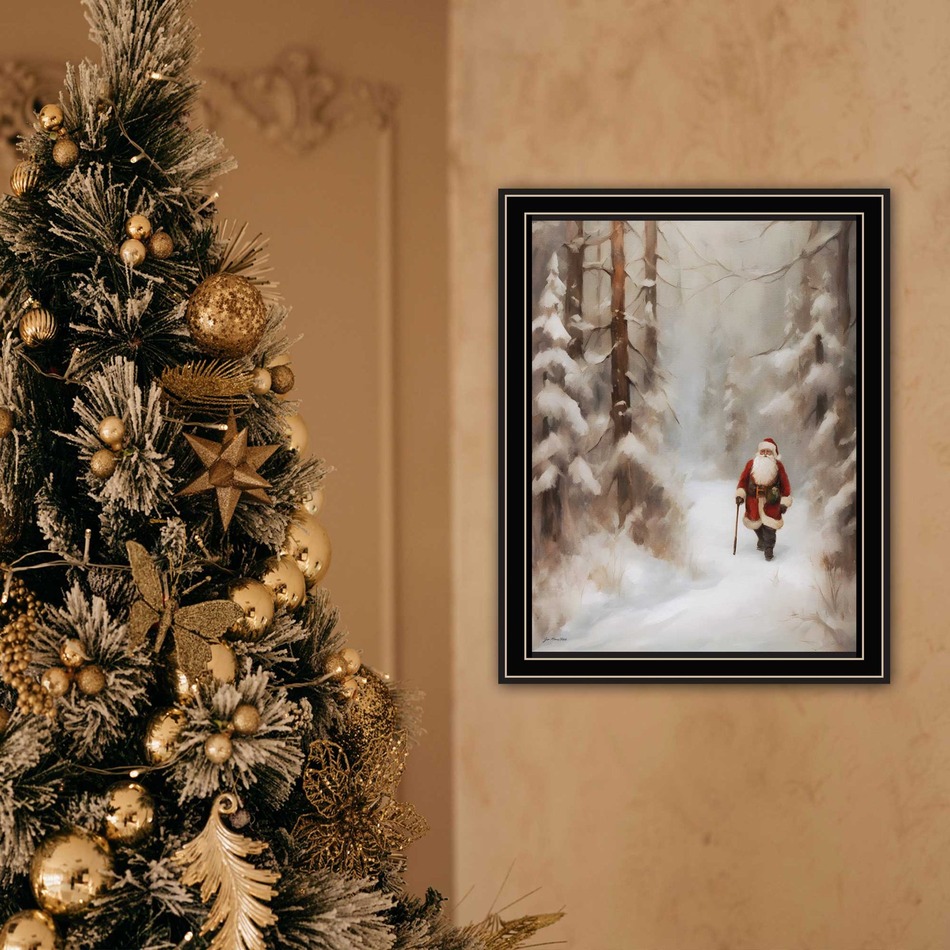 Santa'S Winter Stroll Black Framed Wall Art For Living Room, Holiday Wall Art Print For Home Decor, Bedroom Wall Art By Jo Moulton Multicolor Wood Paper