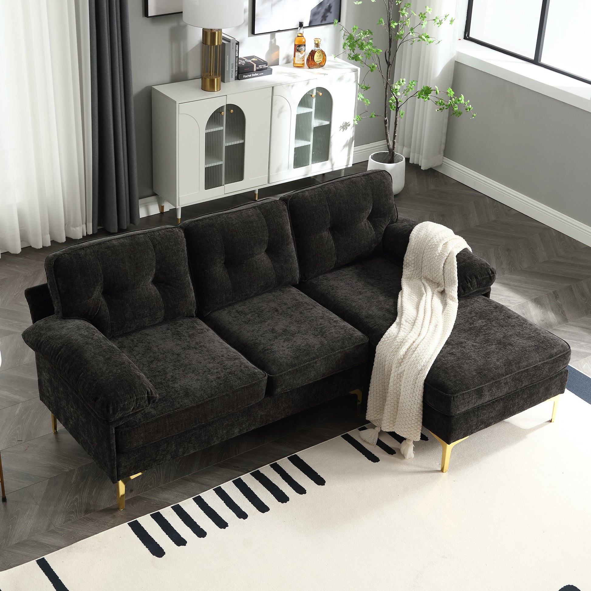 L Shaped Sectional Sofa For Living Room,83" Chenille 3 Seater Sofa With Reversible Chaise, Modern Soft Cushion Fluffy Armrest Couch For For Small Spaces Bedroom Office Apartment Black Black Wood Primary Living Space Soft Solid Wood 4 Seat