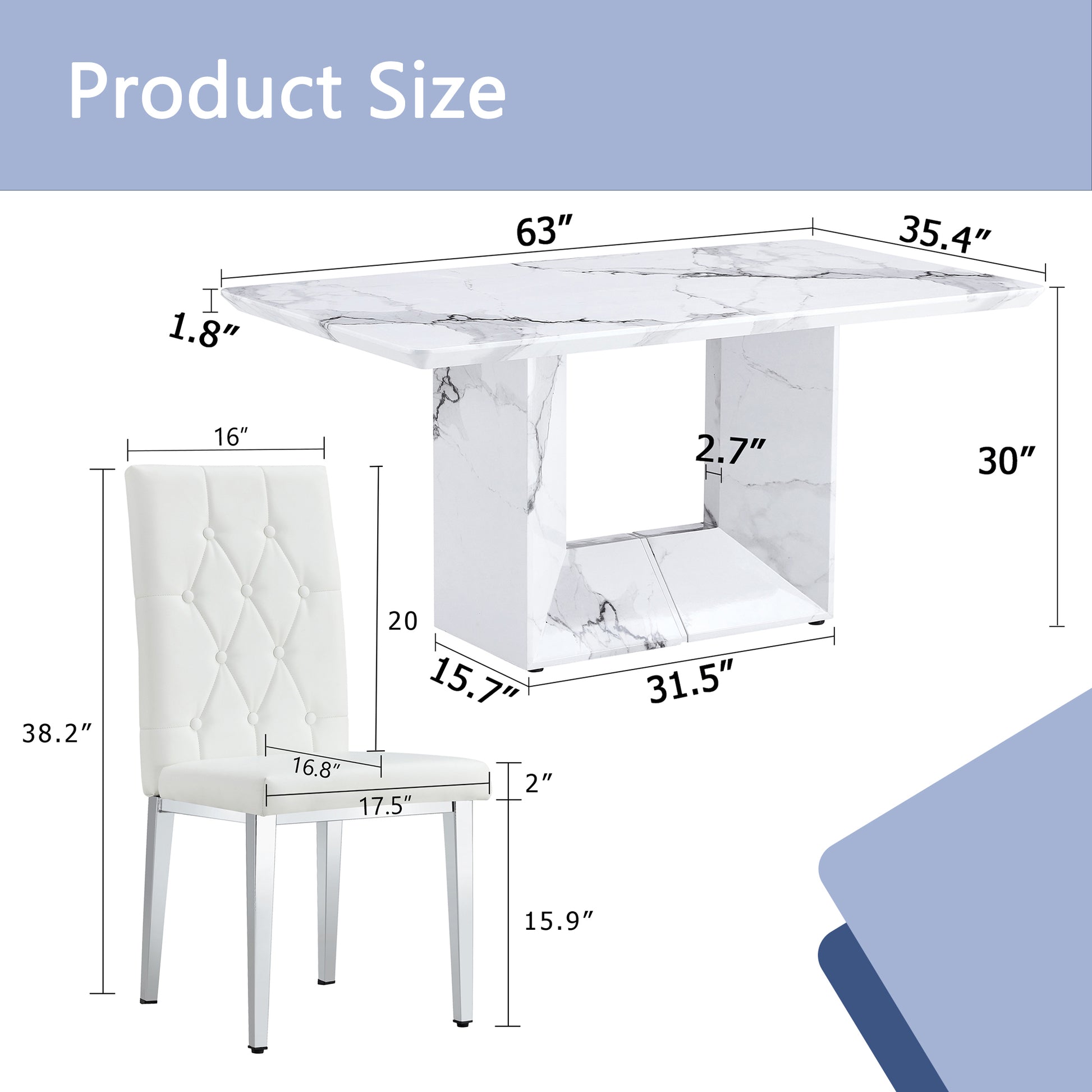 Table And Chair Set.63"X35.4" White Marble Patterned Mdf Dining Table Set With 6 Armless White Pu Chairs.Showcasing A Modern And Stylish Look. White Seats 6 Mdf Metal