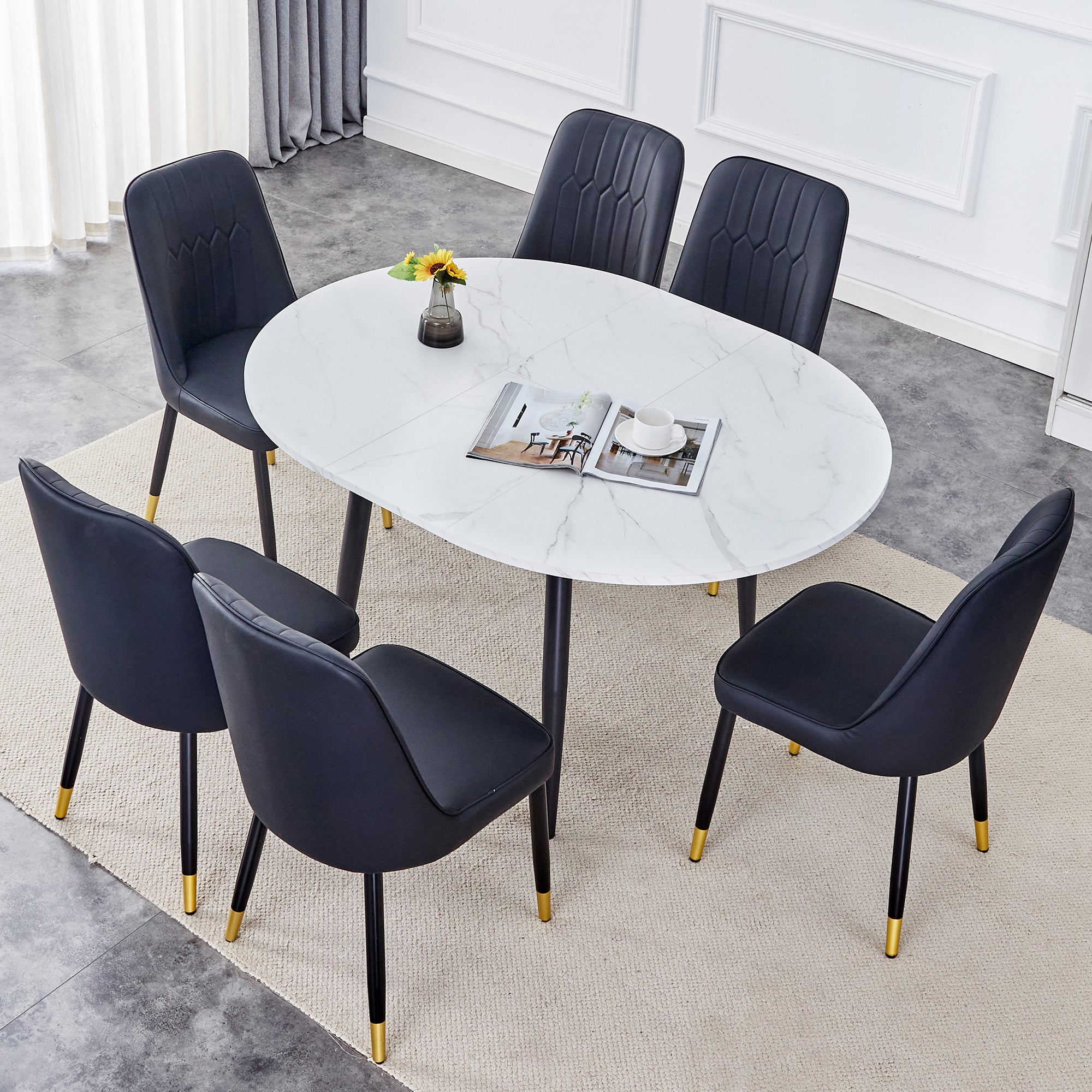 Table And Chair Set.Modern Extendable Mdf Dining Table.The Table Has A Telescopic Design, Suitable For Gatherings Of Different Size.Paired With 6 Chairs With Pu Cushions And Black Metal Legs. White Black Seats 6 Mdf Metal