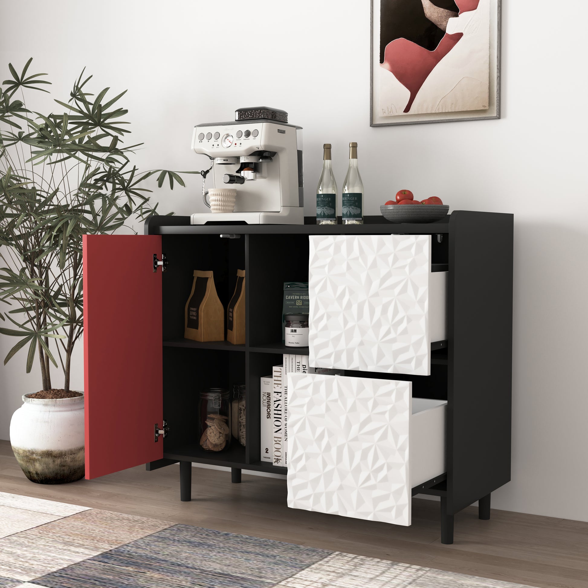 Sideboard Buffet Cabinet, Black Storage Cabinet With Red Doors2 Drawers With Unique Panel Styling And 2 Open Storage Compartment, Modern Coffee Bar Cabinet Accent Cabinet For Kitchen, Dining Room Black Red Mdf