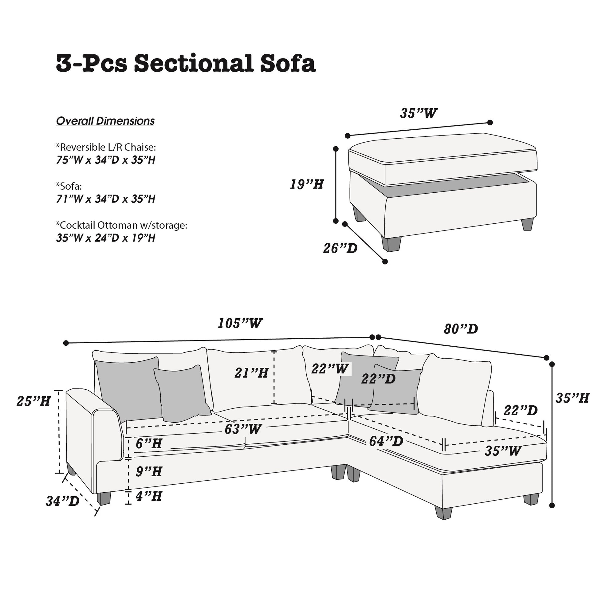 Beautiful 3 Pcs Sectional Sofa Steel Dorris Fabric Cushion Sofa Chaise Ottoman Reversible Couch Pillows Living Room Furniture Steel Gray Wood Primary Living Space Cushion Back Contemporary,Modern L Shaped Rubberwood Particle Board 5 Seat