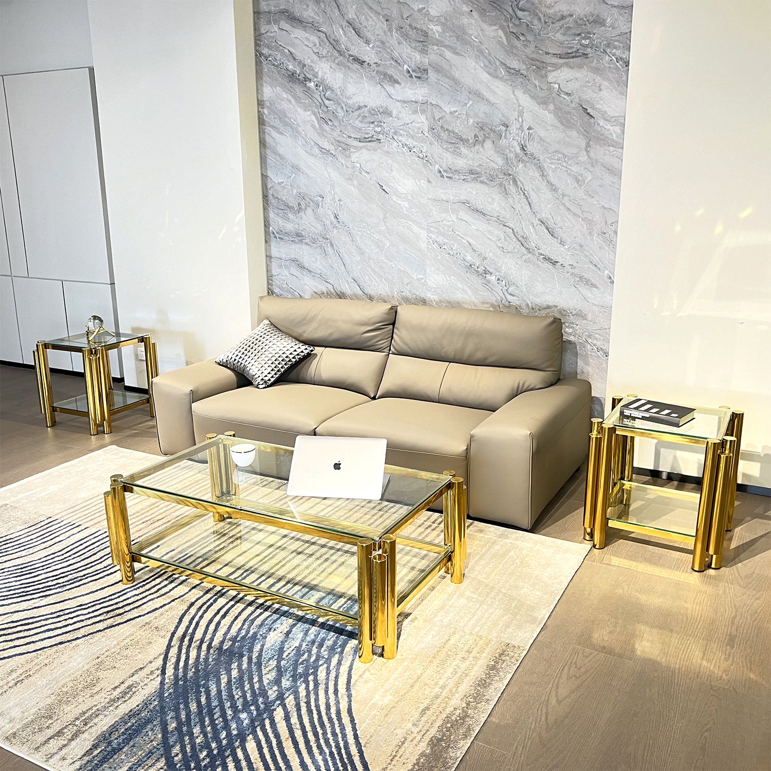 Modern Stainless Steel Coffee Table Set Set Of 3 , Double Layer Clear Tempered Glass Table Top, Coffee Table & Two End Side Table 3 Pieces Sets For Living Room Home Office, Gold Clear,Gold Modern