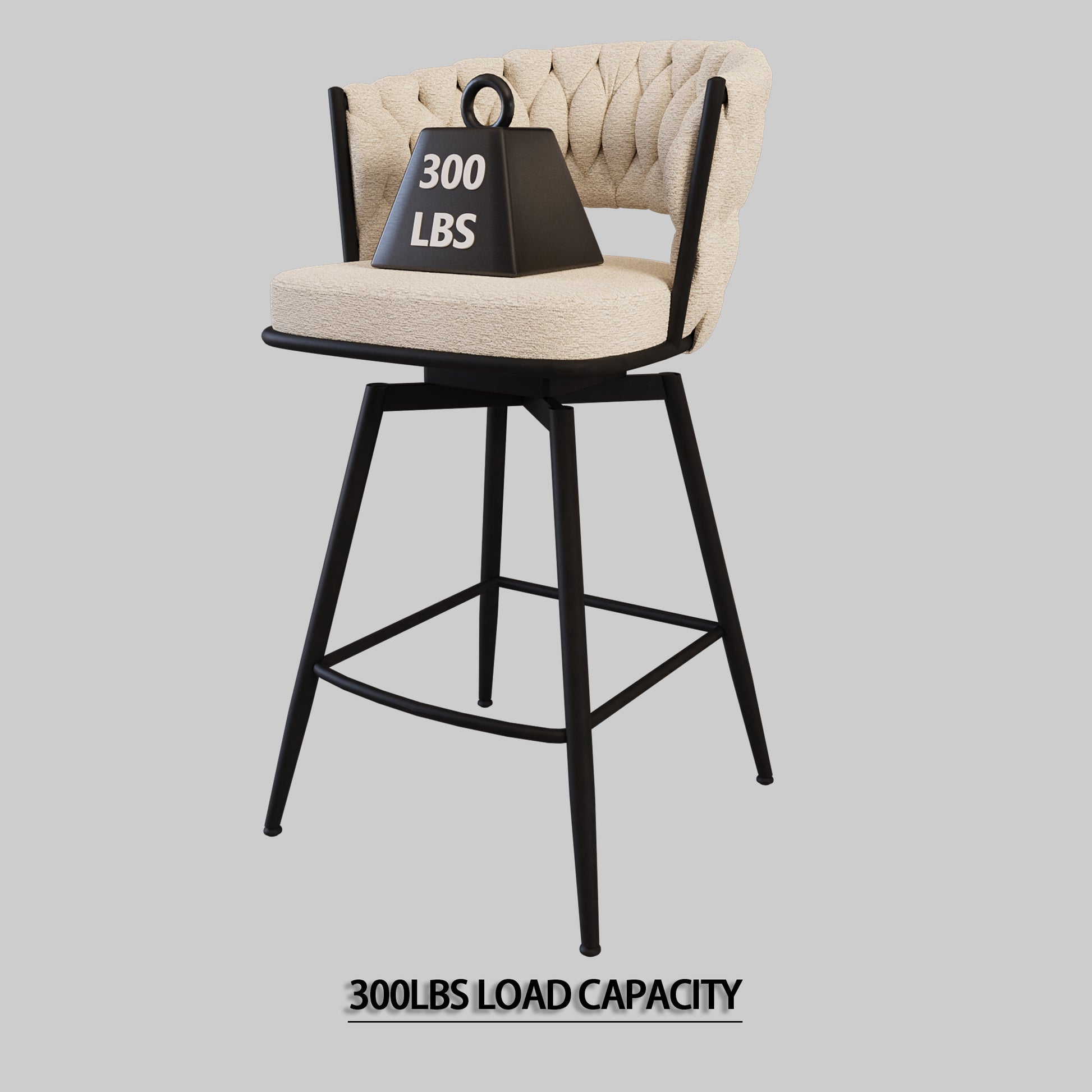 Bar Chair Toweling Woven Bar Stool Set Of 4, Black Legs Barstools No Adjustable Kitchen Island Chairs,360 Swivel Bar Stools Upholstered Counter Stool Arm Chairs With Back Footrest, White White Black Foam Linen
