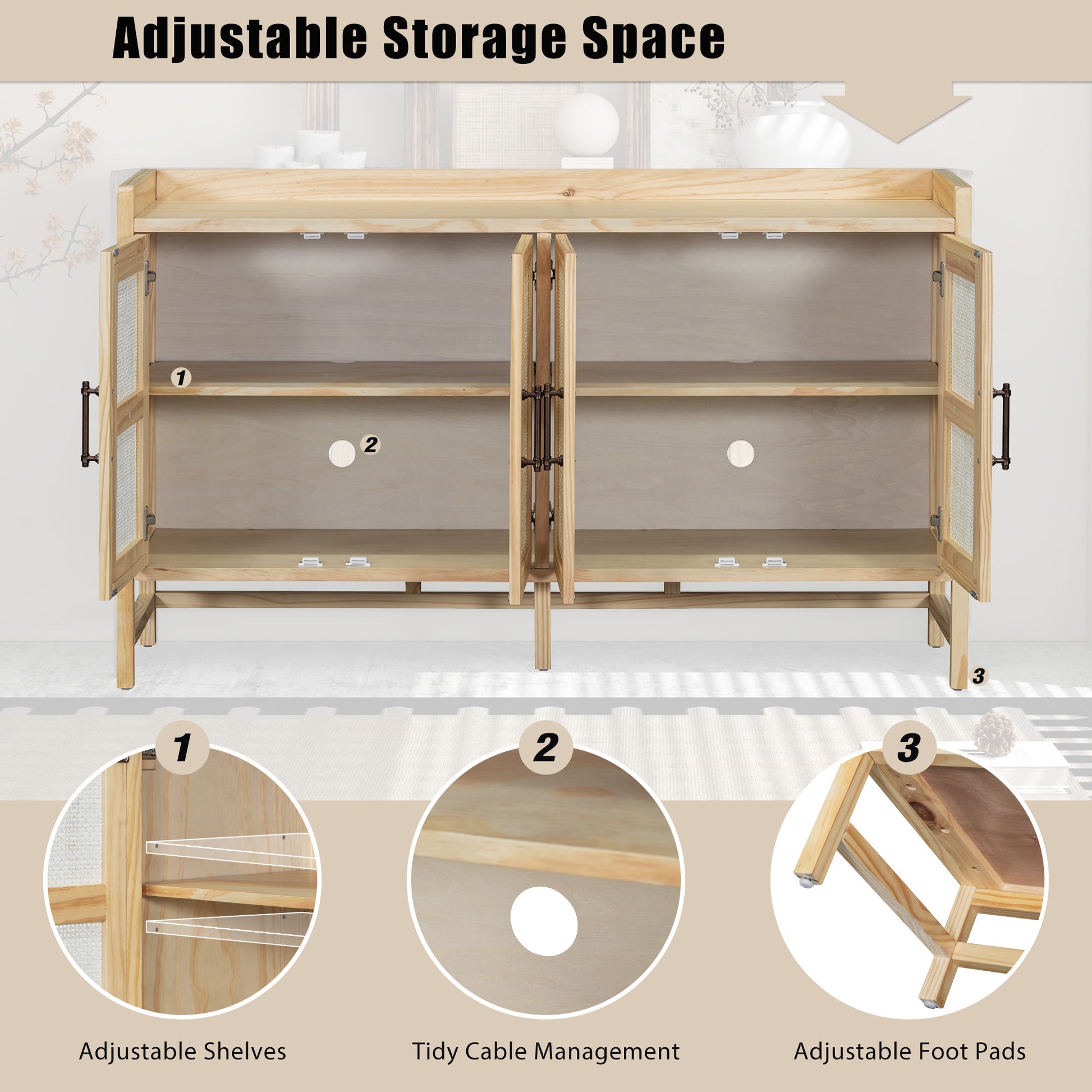 Sideboard Rustic Buffet Cabinet, Sideboard Cabinet With Decorative Rattan Doors, Buffet Cabinet With Storage For Entryway Dining Room Kitchen Living Room, Natural Natural Mdf