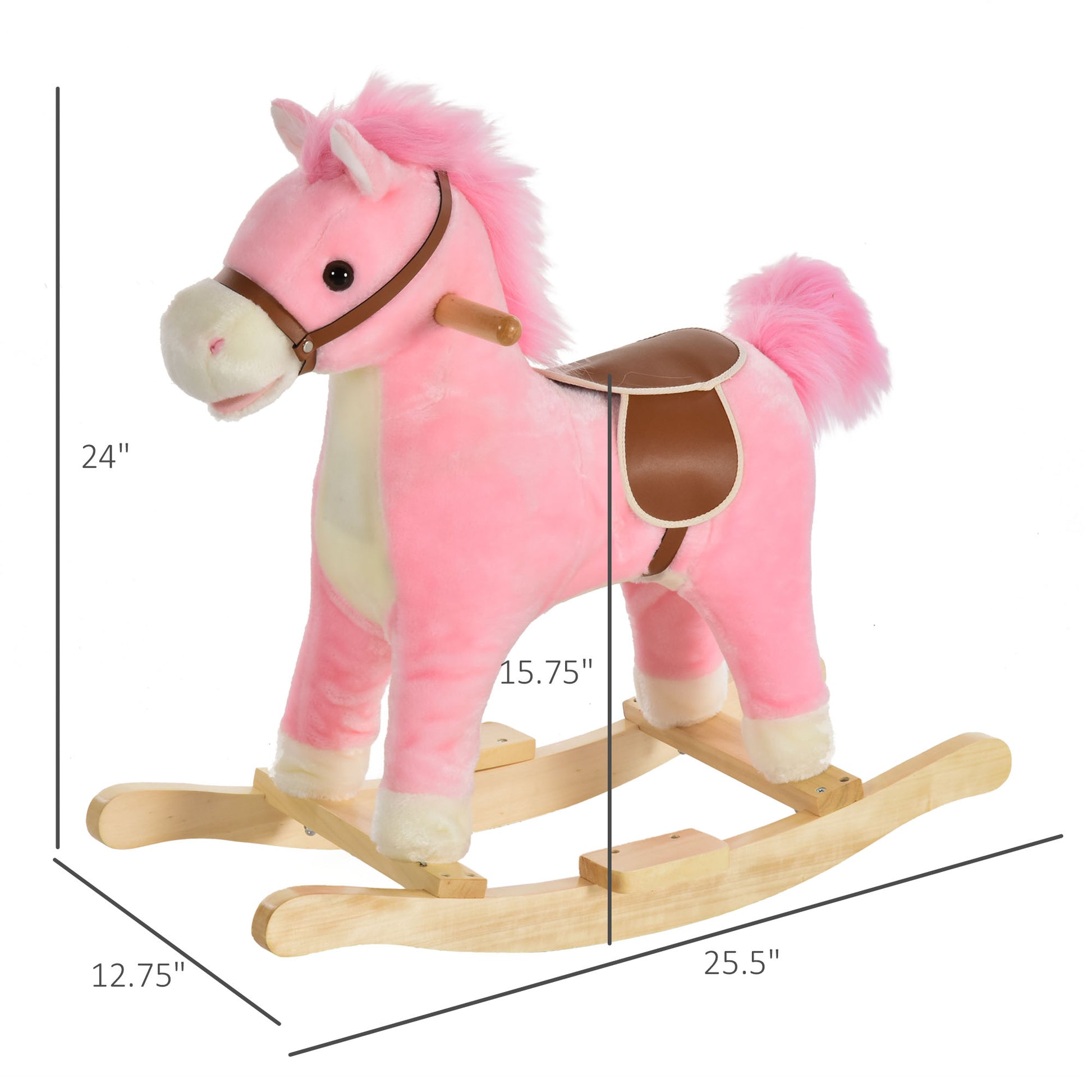 Qaba Rocking Horse Plush Animal On Wooden Rockers, Baby Rocking Chair With Sounds, Moving Mouth, Wagging Tail, Pink Pink Plush