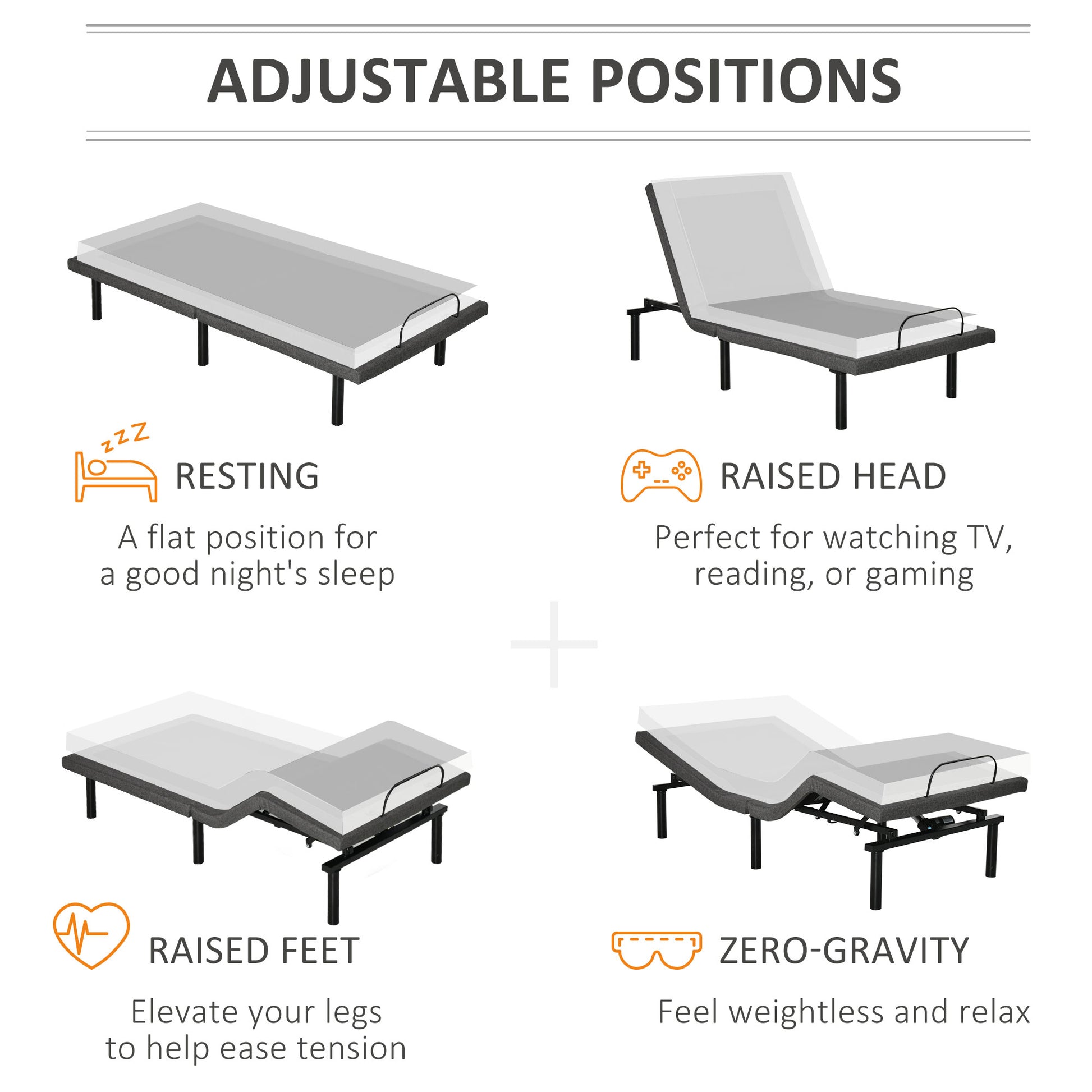 Homcom Twin Xl Adjustable Bed Frame, Ergonomic Zero Gravity Power Bed Base With Head And Foot Incline, Memory, And Wireless Remote, Gray Black Grey Steel
