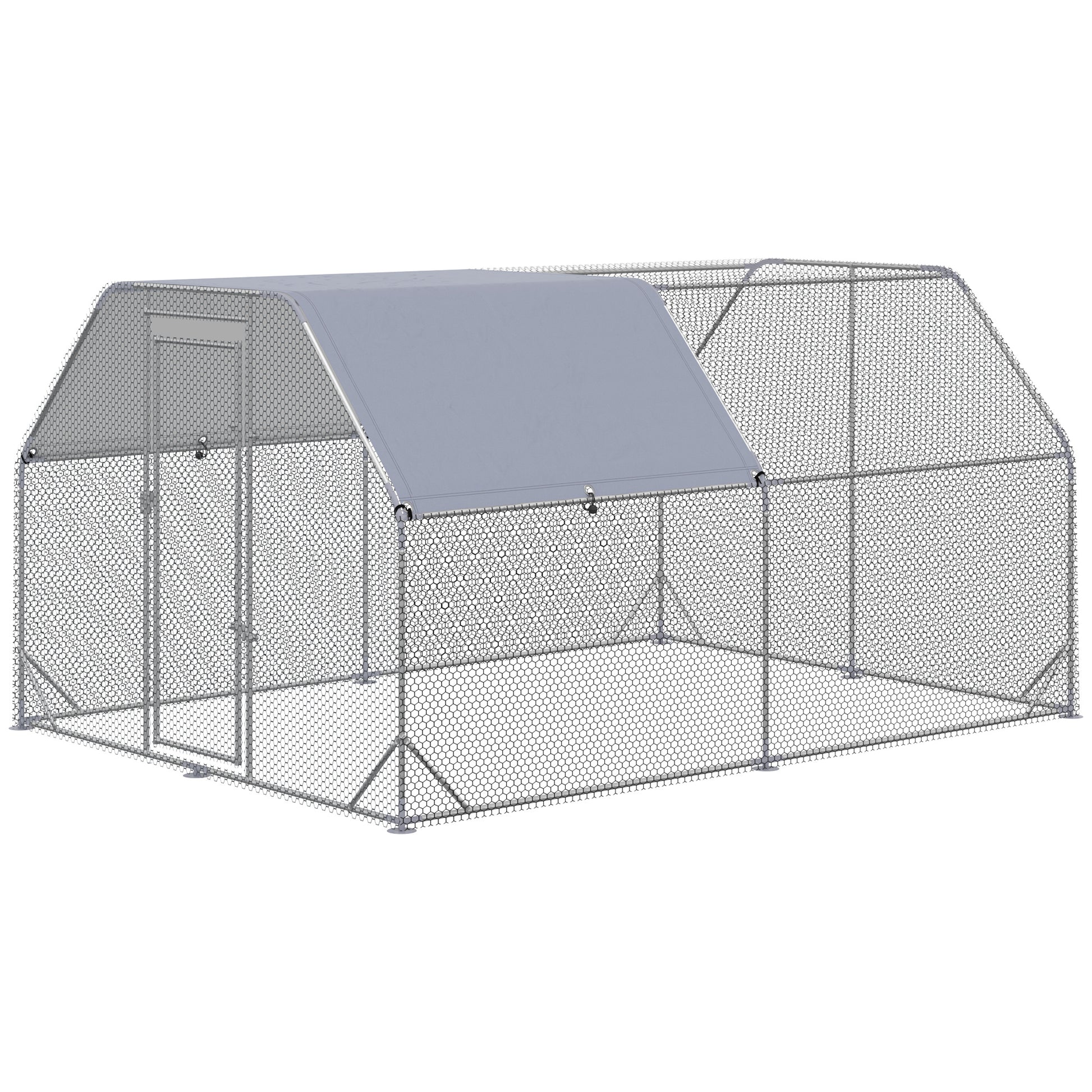 Pawhut Large Chicken Coop Metal Chicken Run With Waterproof And Anti Uv Cover, Flat Shaped Walk In Fence Cage Hen House For Outdoor And Yard Farm Use, 1" Tube Diameter, 9.2' X 12.5' X 6.4' Silver Steel