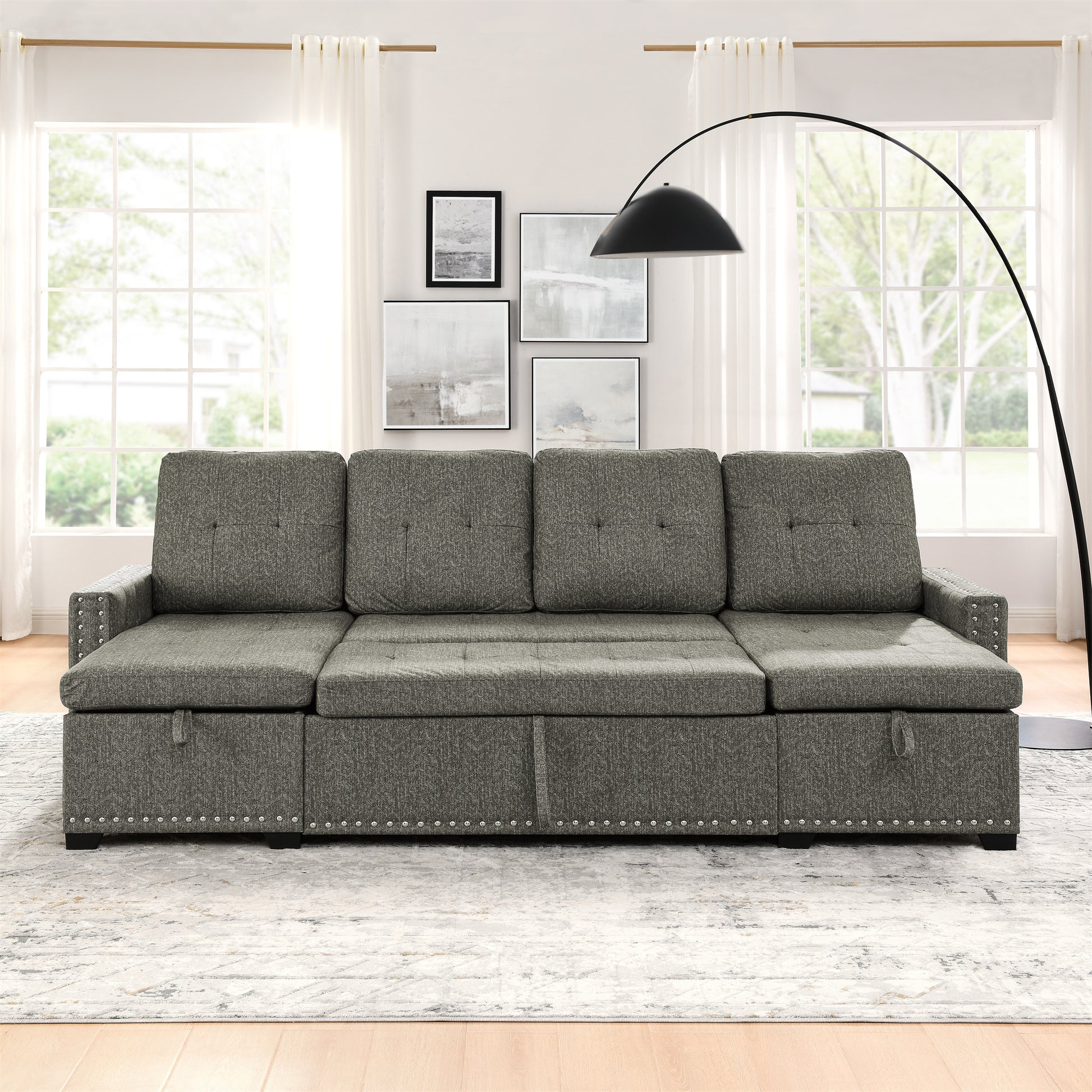 109 Inch Overisze 2 In 1 Pull Out Bed, Sectional Sleeper Sofa With Double Storage Chaise For Living Room, Grey Linen Couch Black Gray Linen Wood Primary Living Space Medium Soft Cushion Back American Design Poplar Foam Wood Fabric 4 Seat