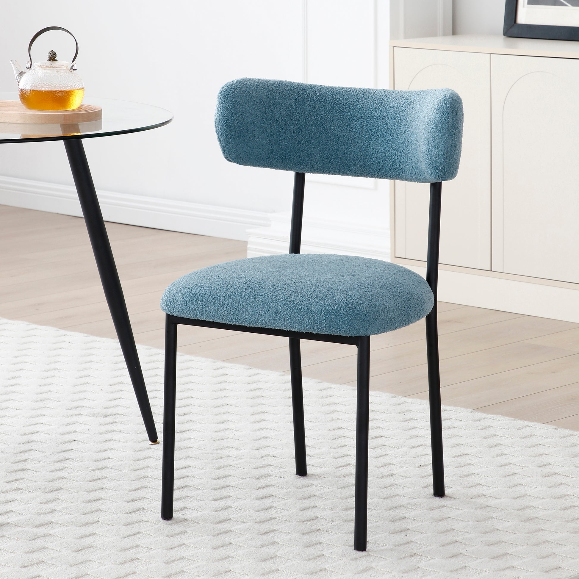 Dining Chairs Set Of 2,Round Upholstered Sherpa Fabric Dining Room Chairs With Curved Backrest,Mid Century Modern Accent Chairs With Black Metal Legs For Dining Room,Living Room,Kitchen Light Blue Foam Polyester