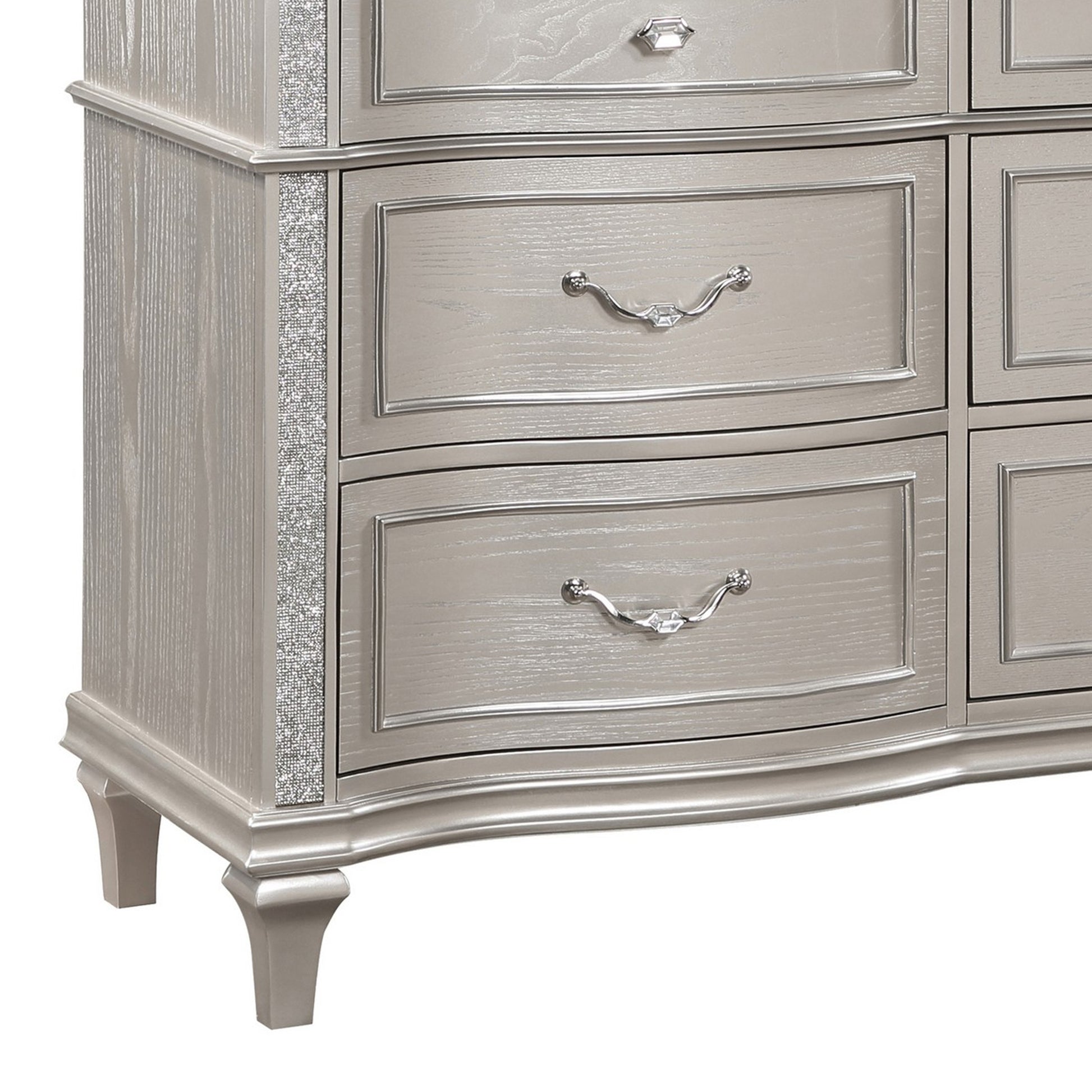 Inz 71 Inch 9 Drawer Wide Dresser, Elegant Trim Details, Classic Silver Silver Wood