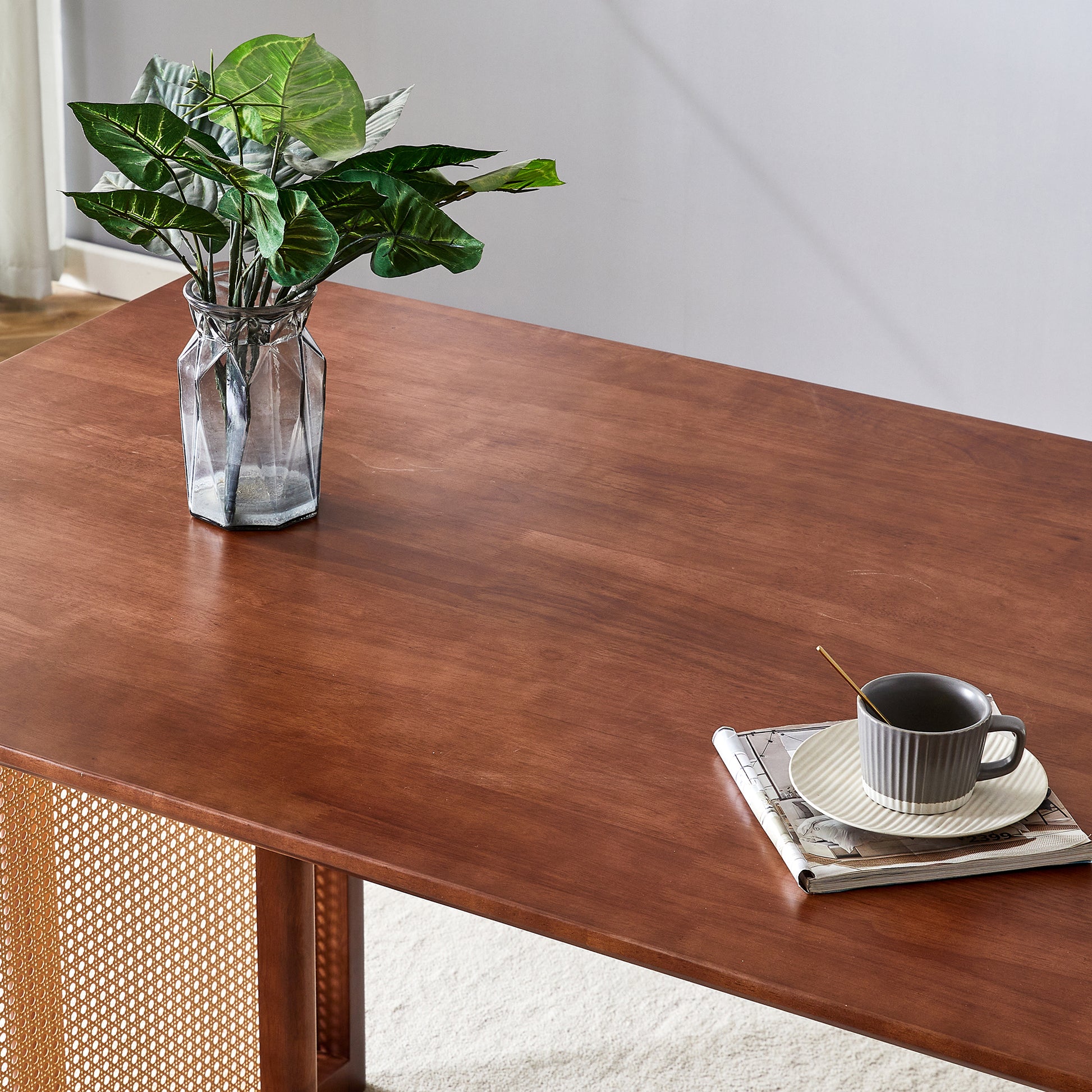 Table And Chair Set, Ancient Style Solid Wood Dining Table, Imitation Rattan Table Legs, Beautiful Simple Solid Wood Dining Chair, Perfect For Dinner, Meetings, Home And Office Decoration Walnut Rubber Wood