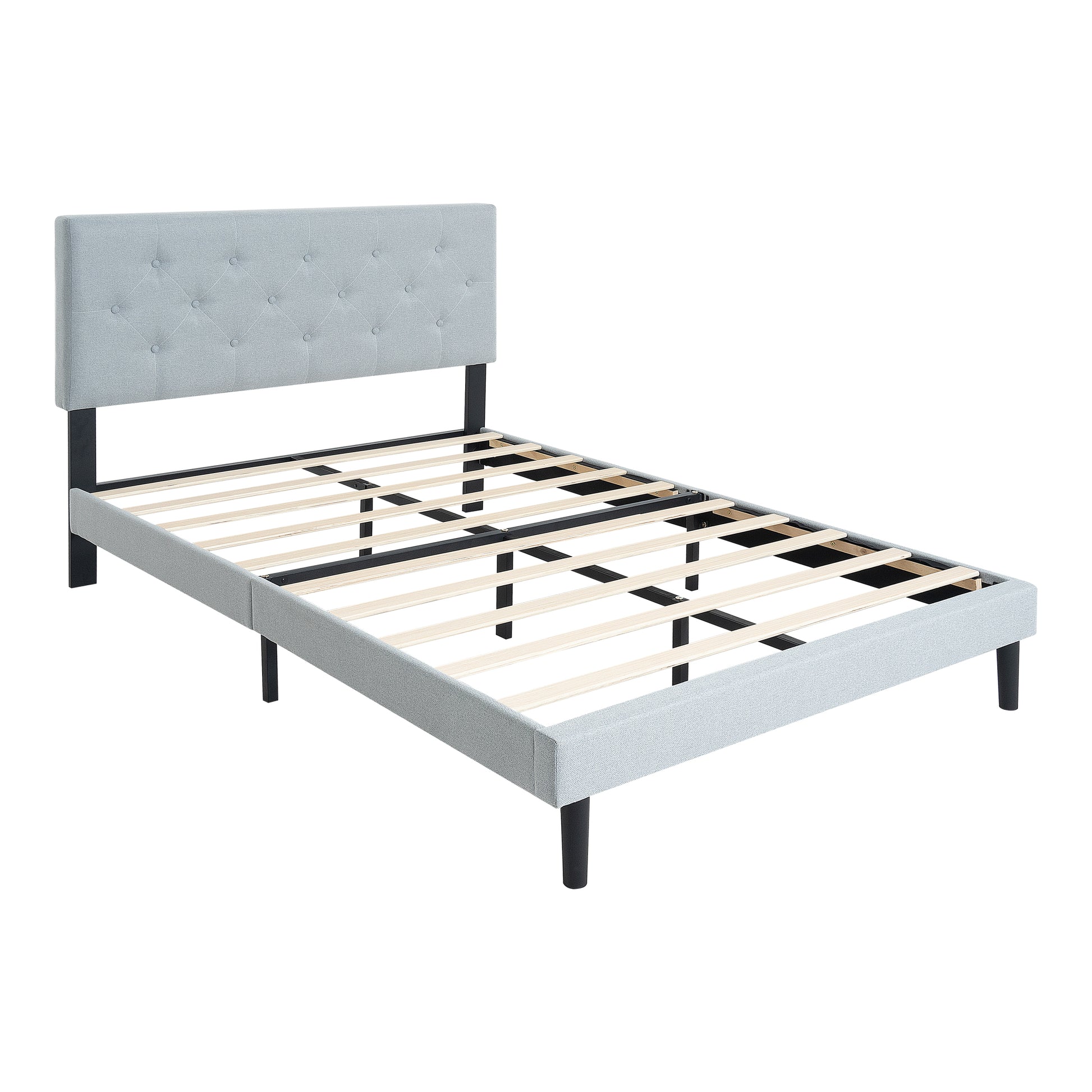 Twin Size Upholstered Platform Bed Frame With Modern Button Tufted Linen Fabric Headboard, No Box Spring Needed, Wood Slat Support, Easy Assembly, Grey Twin Light Gray Linen