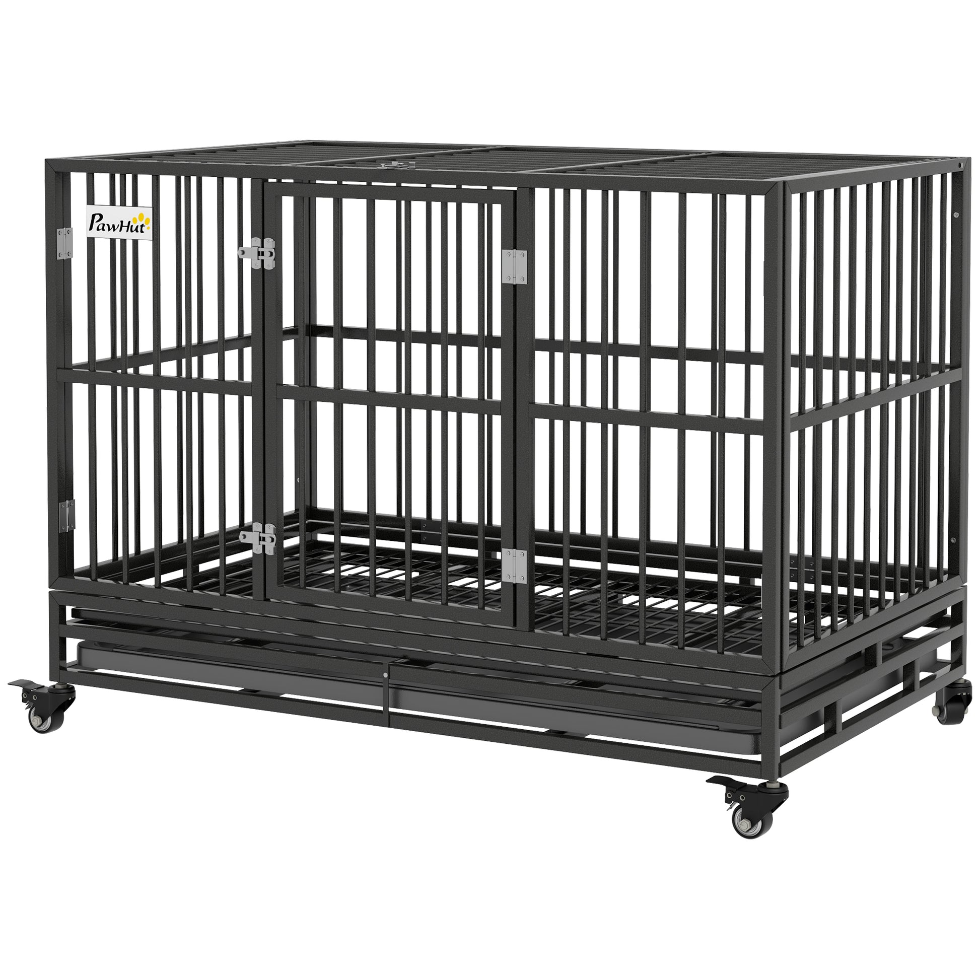 Pawhut 48" Heavy Duty Dog Crate Metal Cage Kennel With Lockable Wheels, Double Door And Removable Tray, Gray Gray Steel