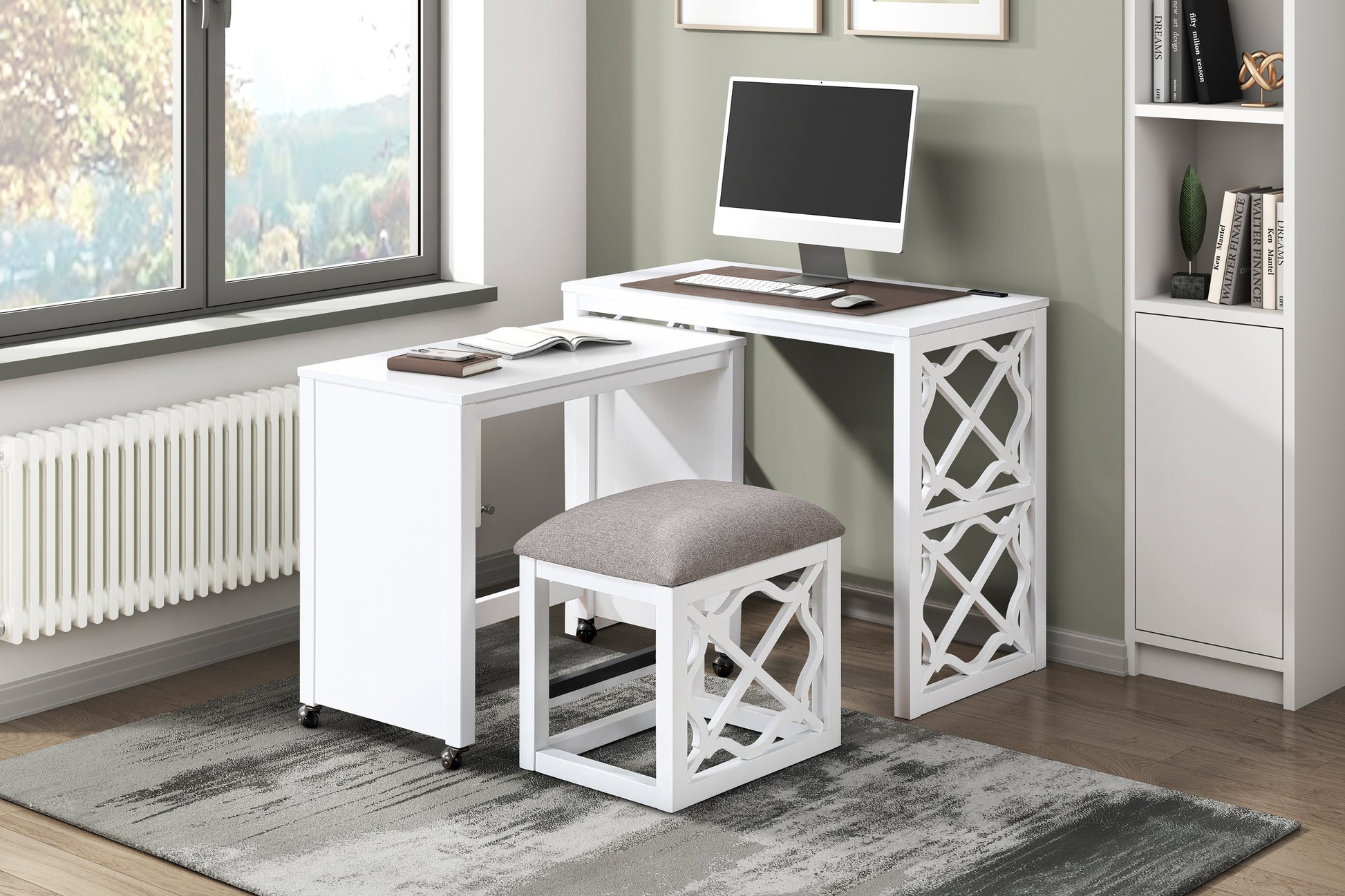 Desks And Stool Set 3Pc White Finish Rolling Desk With Casters, 2 Charging Ports Home Office Furniture White Computer Desk Primary Living Space Contemporary Desk Rectangular Wood