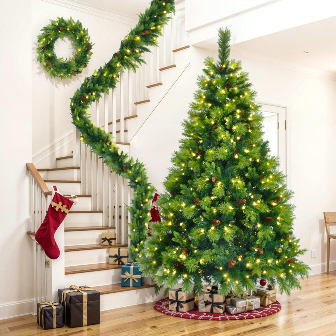 6Ft Grass Green Christmas Tree, Large Branches Pine Tree, Pre Lit Set With Tree & Garland & Wreath, Artificial Christmas With Pine Cones, Hinged Xmas Treefor Holiday Party Ofiice Home Green Polyethylene,Pvc