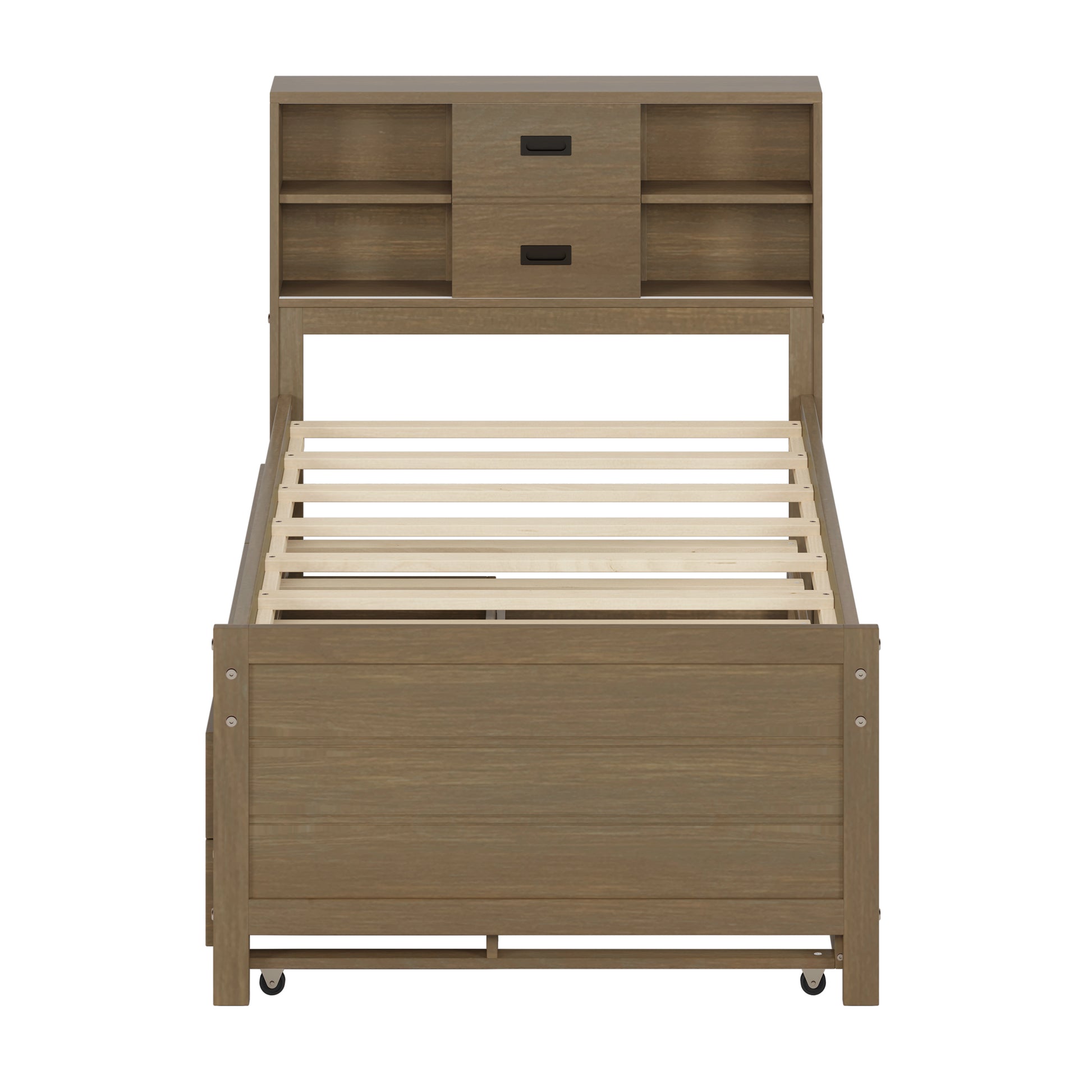 Twin Size Captain Bed With Storage Bookcase Headboard,Captain Bed With Trundle And Three Storage Drawers For Kids Teens Dorm Bedroom Multipurpose Guest Room Or Home, Walnut Box Spring Not Required Twin Walnut Wood Solid Wood Mdf