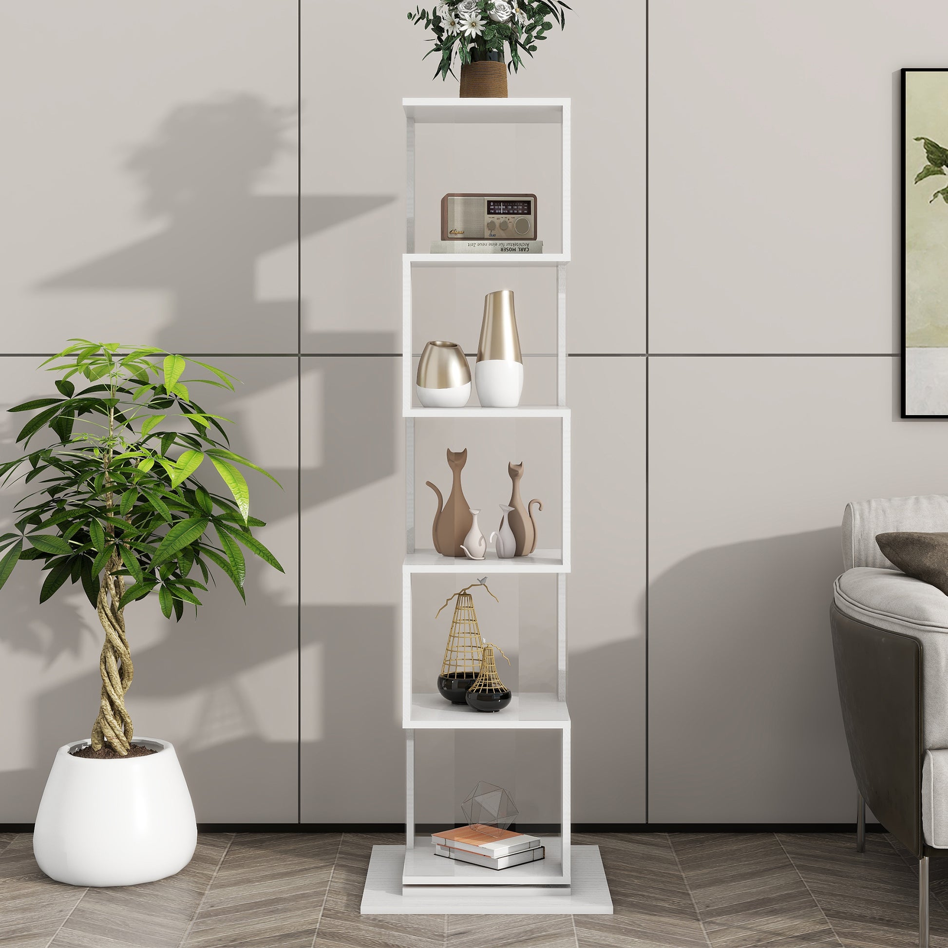 5 Tier Rotating Bookshelf, Floor Rack Simple Bookcase With Acrylic Plate Student Multi Function Creative Bookshelf For Living Room With Anti Toppling Base White Particle Board