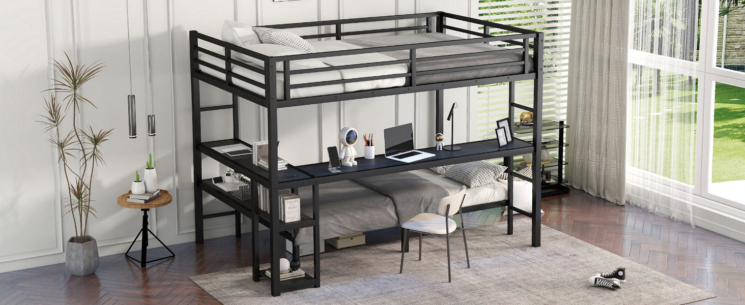Full Xl Over Twin Bunk Bed With Desk And Shelves, Multiple Placement, With Led And Usb, Black Black Metal