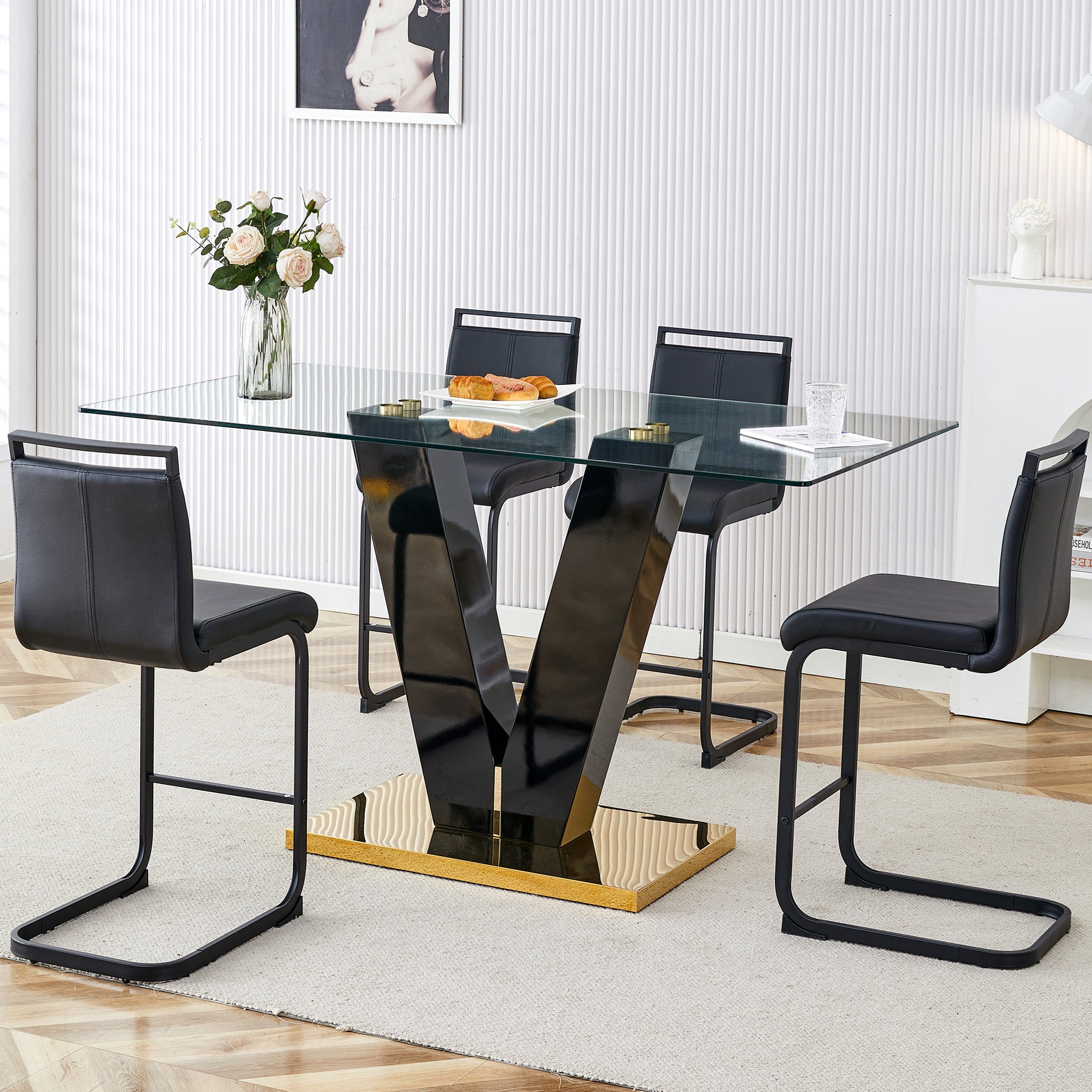 Table And Chair Set. A Rectangular Glass Dining Table With A 0.4 Inch Tempered Glass Tabletop And Mdf Board V Shaped Bracket, Paired With Chairs Consisting Of Pu Seat Cushions And Black Metal Legs. Black Seats 4 Tempered Glass