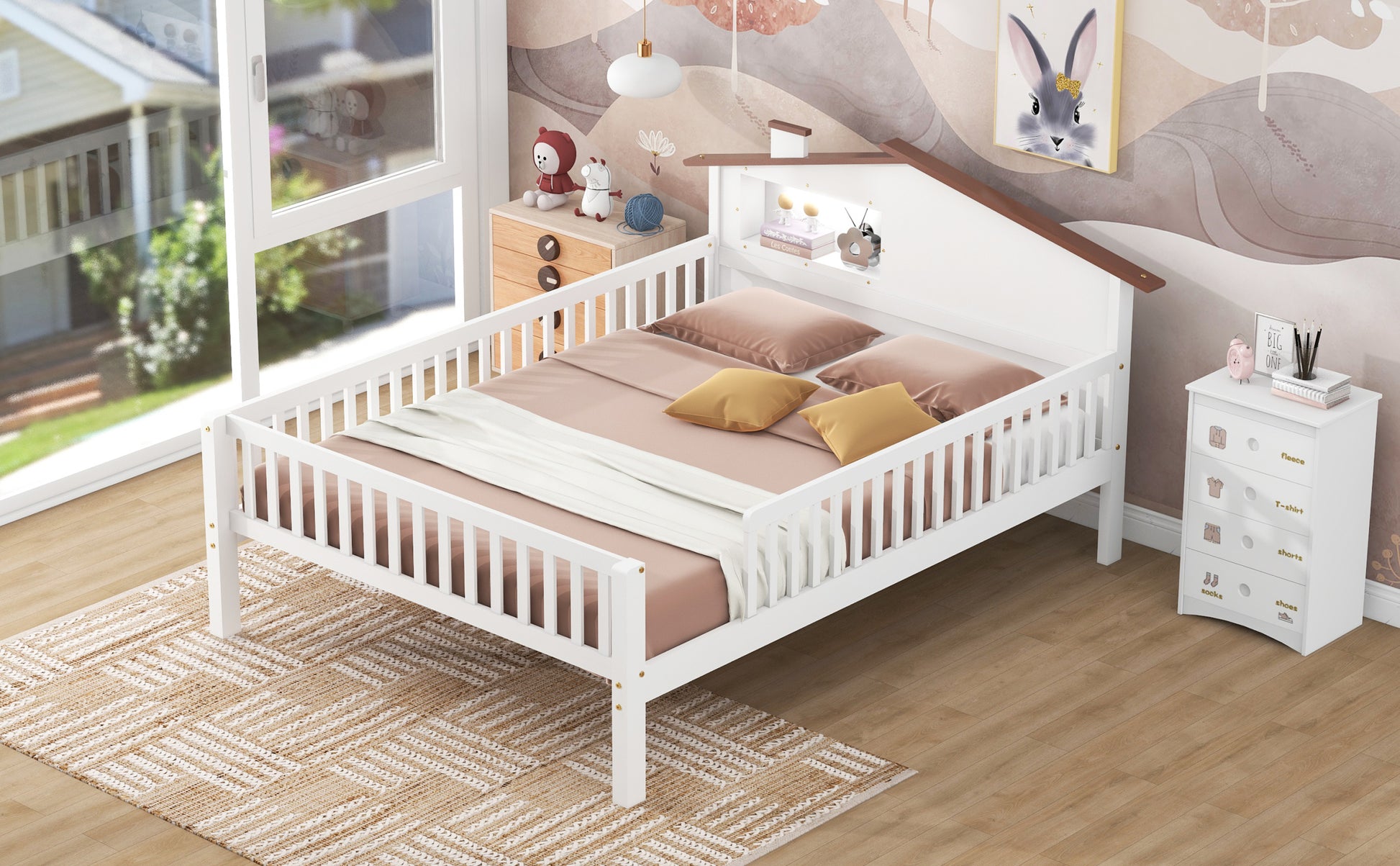 Full Size Wood Platform Bed With House Shaped Headboard, Led And Built In Storage, White Box Spring Not Required Full White Wood Bedroom Bed Frame Wood