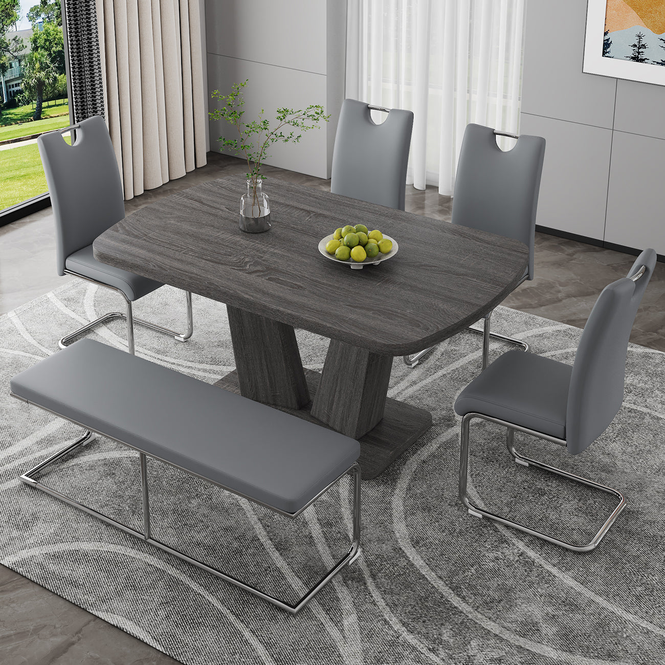 Dining Table Set For 6, 6 Piece Dining Table Set, Wood Veneer Tabletop And Modern Design Mdf Base With 4 Pu Leather Ergonomic Dining Chairs&1 Bench Metal Grey Modern Mdf Metal