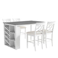 Updated Counter Height 5 Piece Solid Wood Dining Table Set, 59*35.4Inch Table With Curved Wine Rack And 4 Upholstered Chairs, White Wood Dining Room Solid Wood Rubberwood Rectangular Dining Table With Chair Wood Wood White Solid Back Seats 4 Farmhouse 4