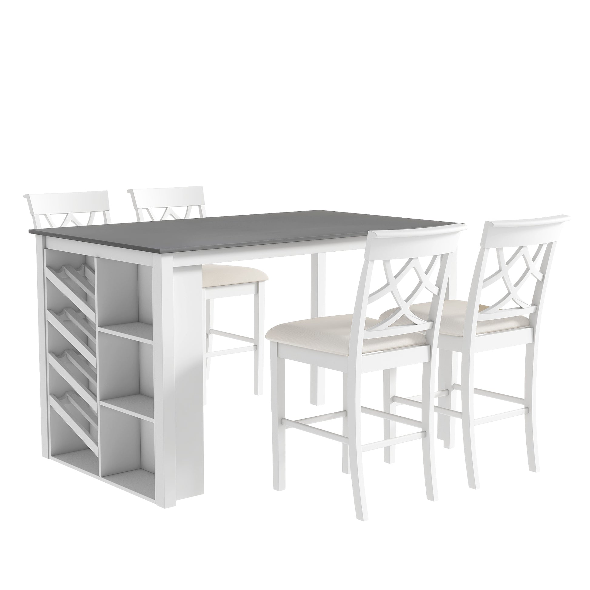 Updated Counter Height 5 Piece Solid Wood Dining Table Set, 59*35.4Inch Table With Curved Wine Rack And 4 Upholstered Chairs, White Wood Dining Room Solid Wood Rubberwood Rectangular Dining Table With Chair Wood Wood White Solid Back Seats 4 Farmhouse 4