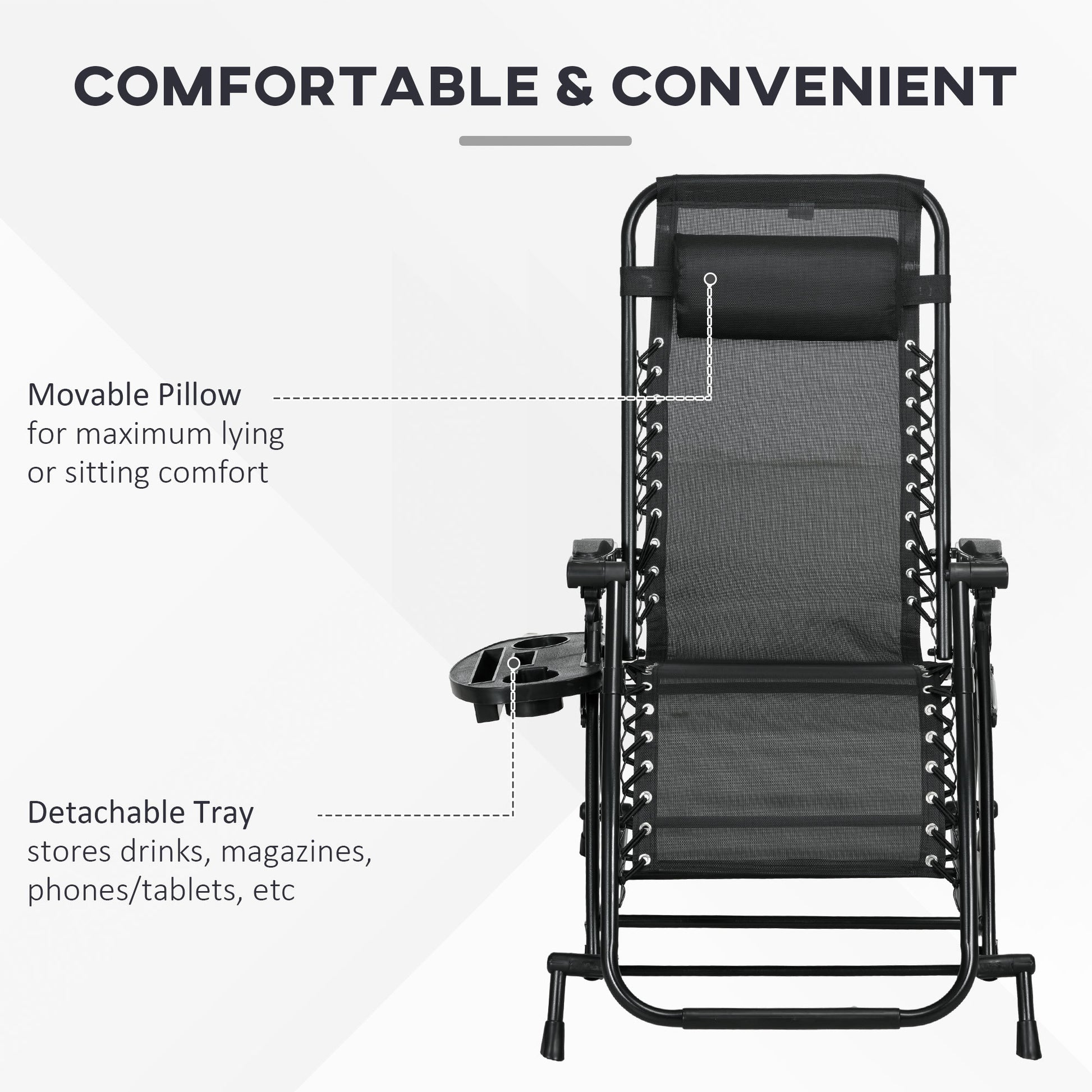 Outsunny 2 Pieces Outdoor Rocking Chairs, Foldable Reclining Zero Gravity Lounge Rocker With Pillow, Cup & Phone Holder, Combo Design With Folding Legs, Black Black Steel