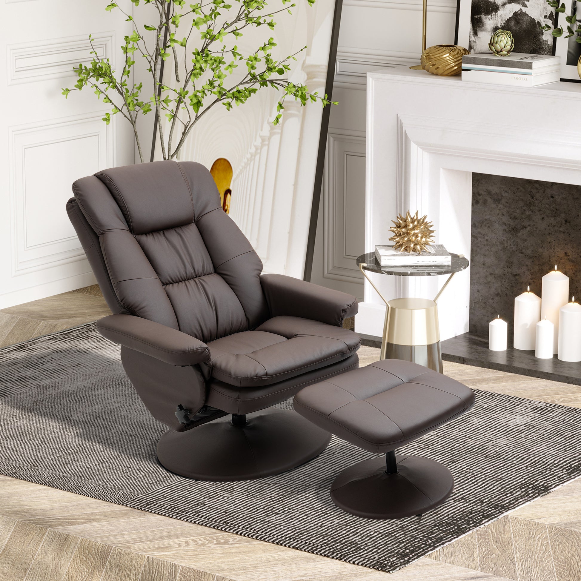 Homcom Recliner And Ottoman With Wrapped Base, Swivel Pu Leather Reclining Chair With Footrest For Living Room, Bedroom And Home Office, Brown Brown Faux Leather