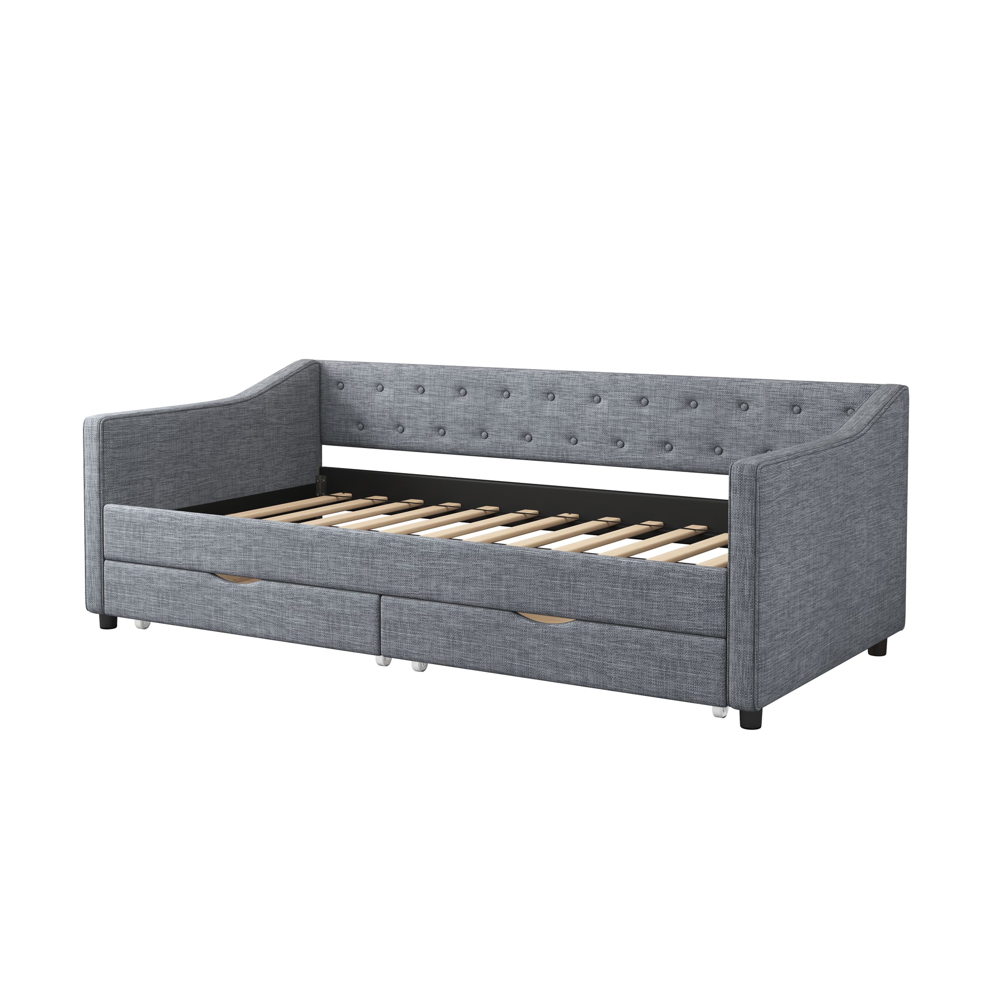 Twin Size Daybed With Drawers Upholstered Tufted Sofa Bed, With Button On Back And Piping On Waved Shape Arms Light Grey Twin Light Grey Wood Fabric