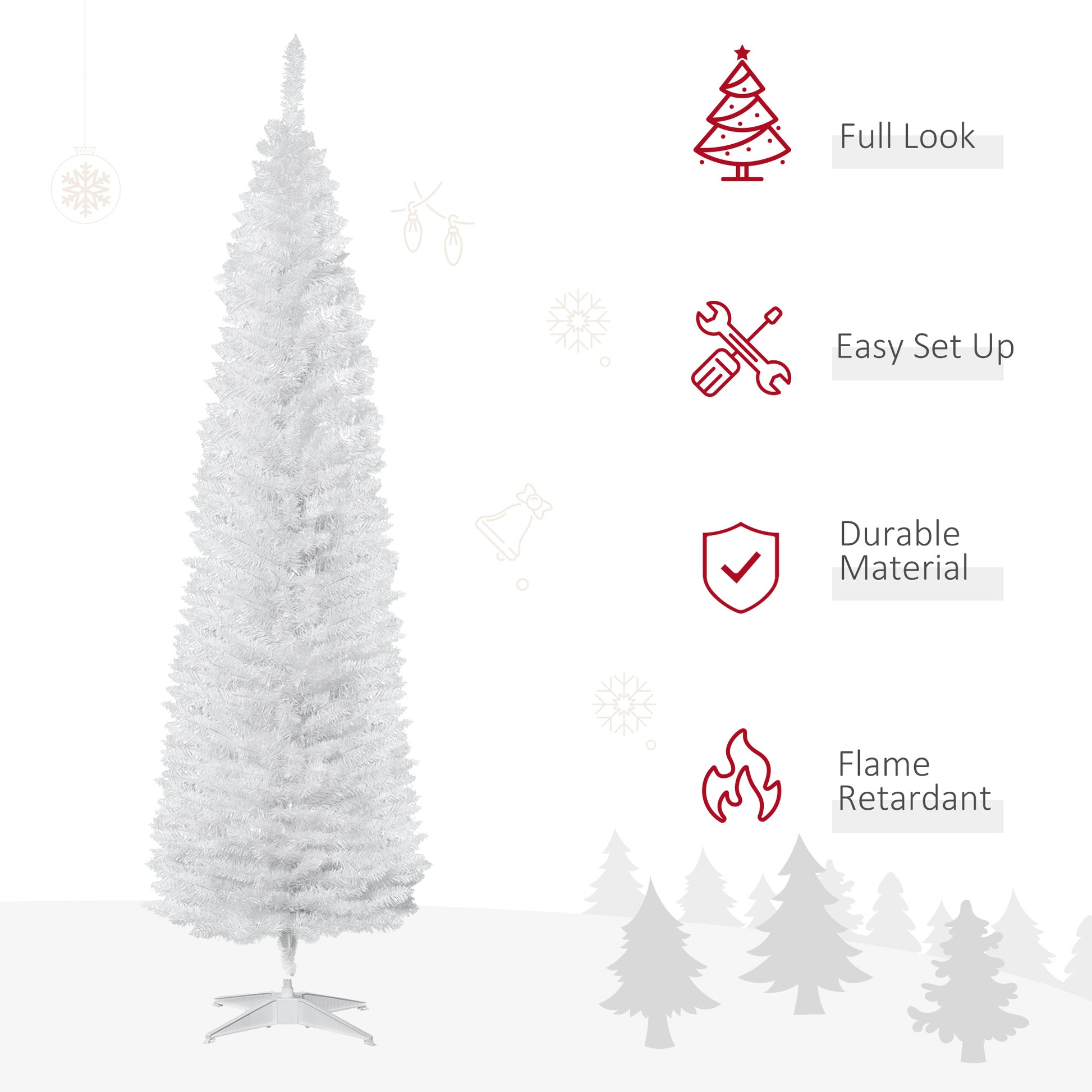 Homcom 7' Artificial Pencil Christmas Tree, Slim Xmas Tree With 499 Realistic Branch Tips And Plastic Stand, White White Polyvinyl Chloride