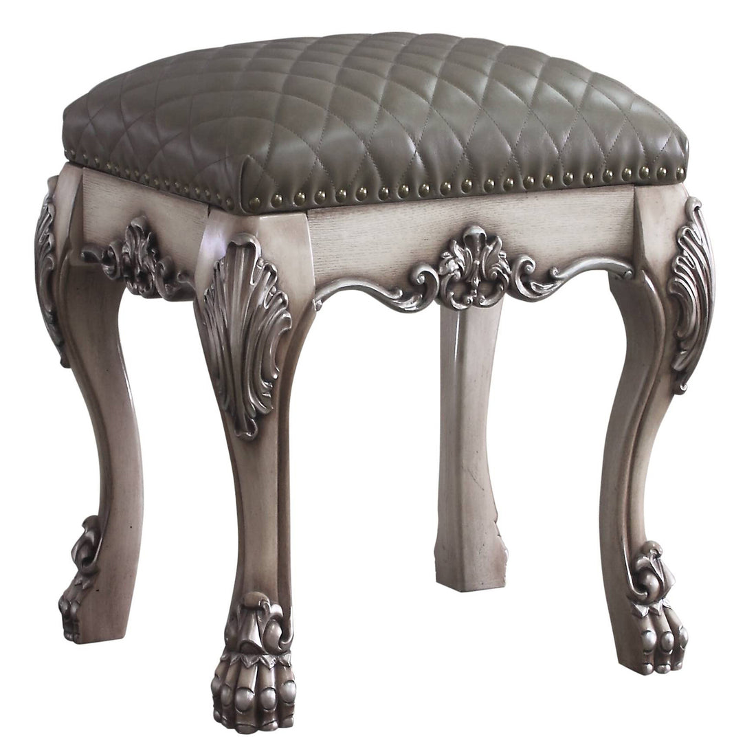 Grey And Vintage Bone White Vanity Stool With Tufted Seat Grey Bedroom Wood Fabric