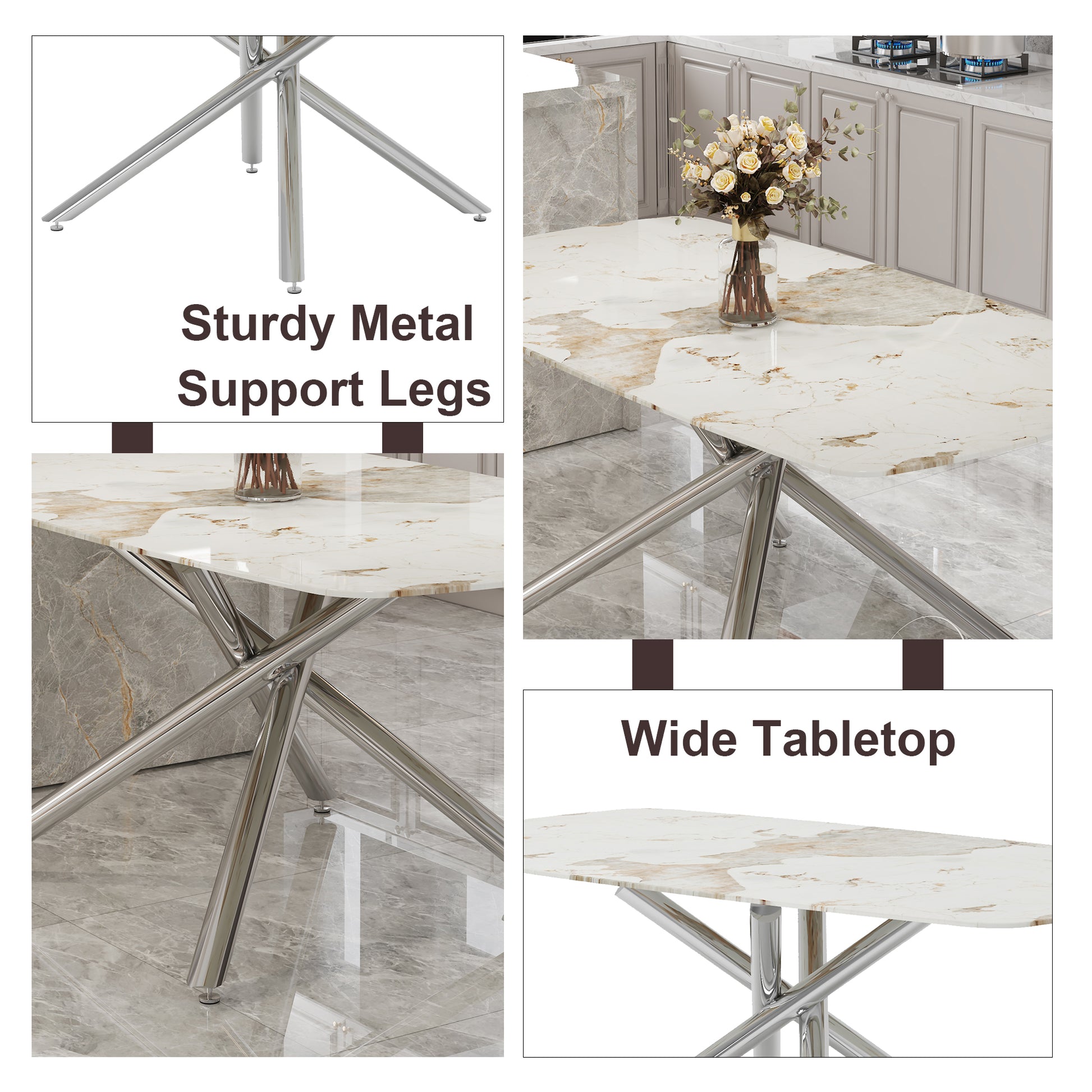 Table And Chair Set.Modern Luxurious White Marble Patterned Tempered Glass Dining Table Set With Transparent Pp Chairs.6 Transparent High Quality Pp Dining Chairs With Silver Legs. White Silver